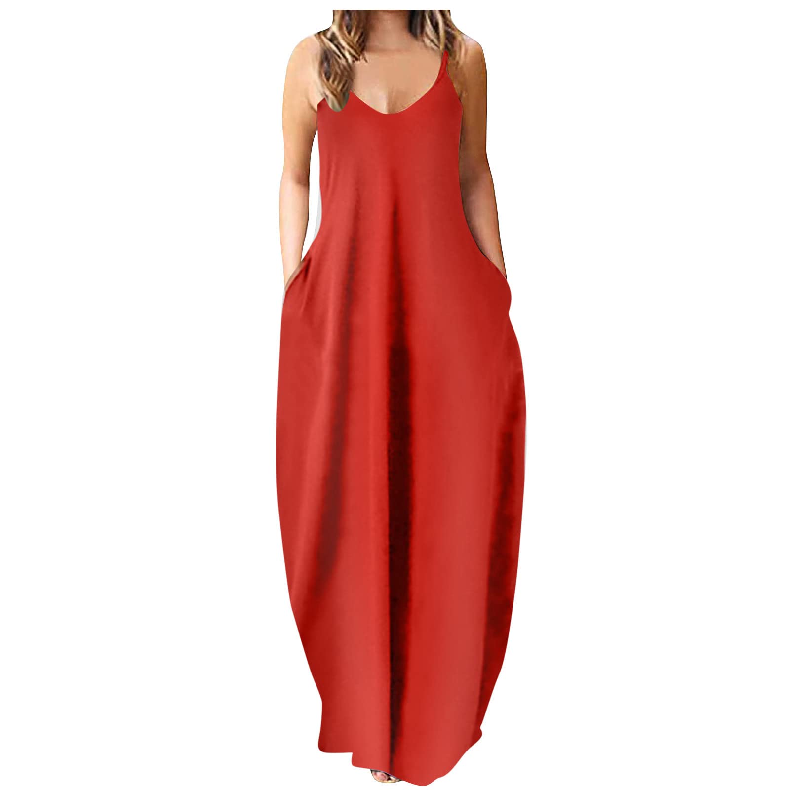 Plus Size Women's Summer Dresses - Sleeveless V-Neck Cami Maxi Dress with Pockets | Casual & Comfortable Beachwear, Vacation Outfit, Outdoor Party Dress