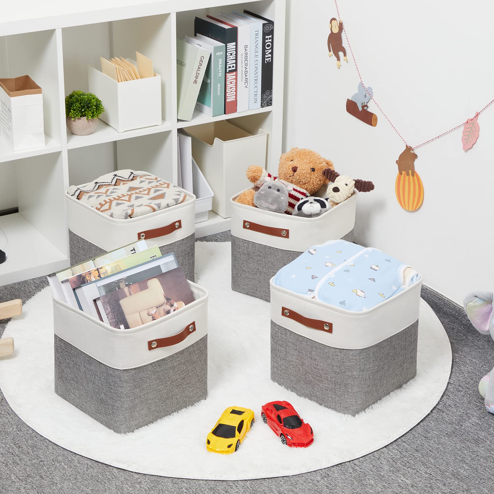 HNZIGE 11x11 Inch Foldable Fabric Cube Storage Bins with Handles - Set of 4 for Home Organization, Shelves, Closet, Nursery & Bedroom - Perfect for Toys, Clothes & Accessories (White & Gray)