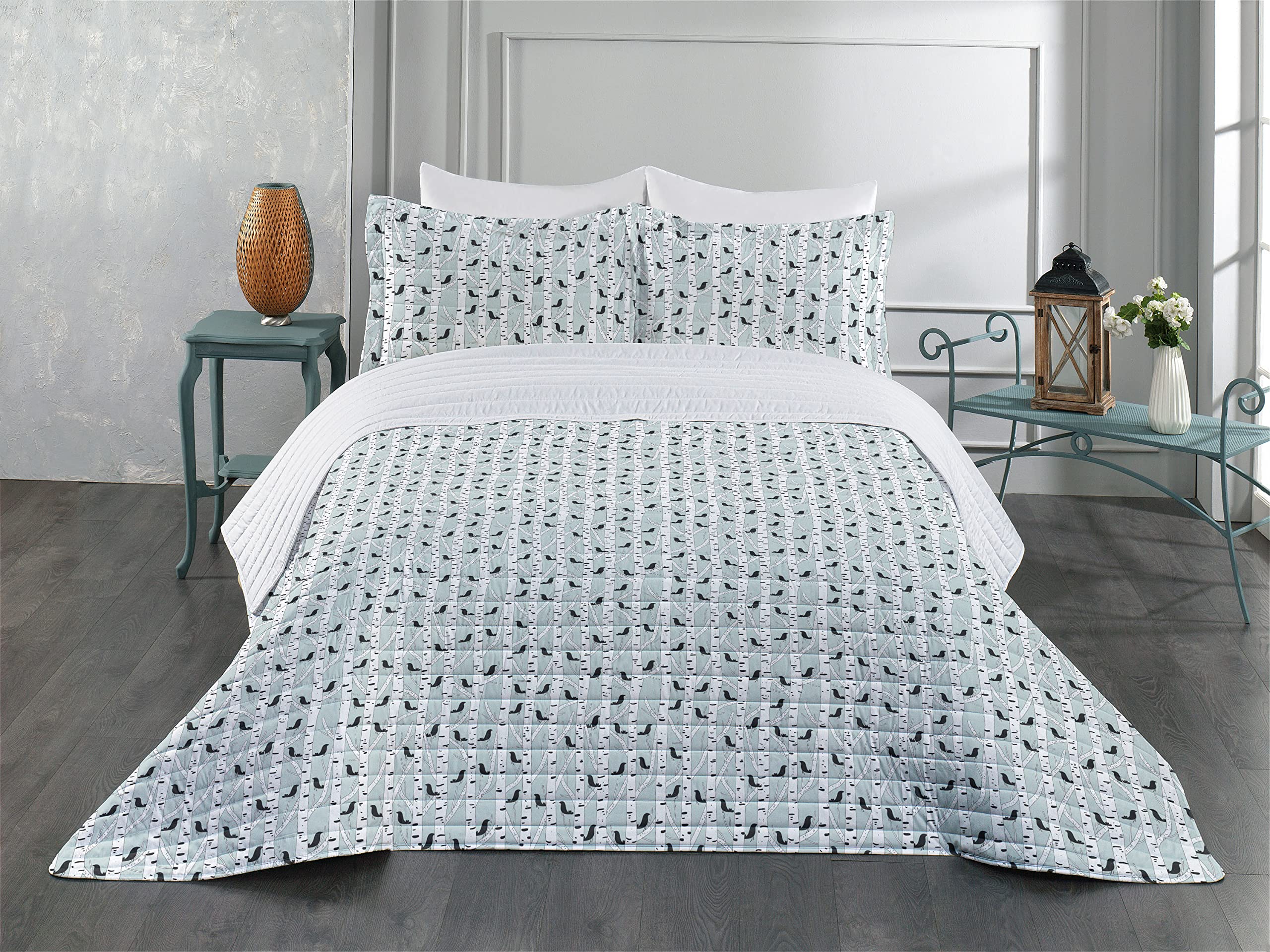 Ambesonne Woodland King Size Microfiber Bedspread Set - Nature Inspired Bird Silhouettes on Birch Trees Design, Soft Comforter with Pillow Shams, Pale Blue & White - Perfect for Cozy Bedroom Decor, Guest Room or Cabin Retreat