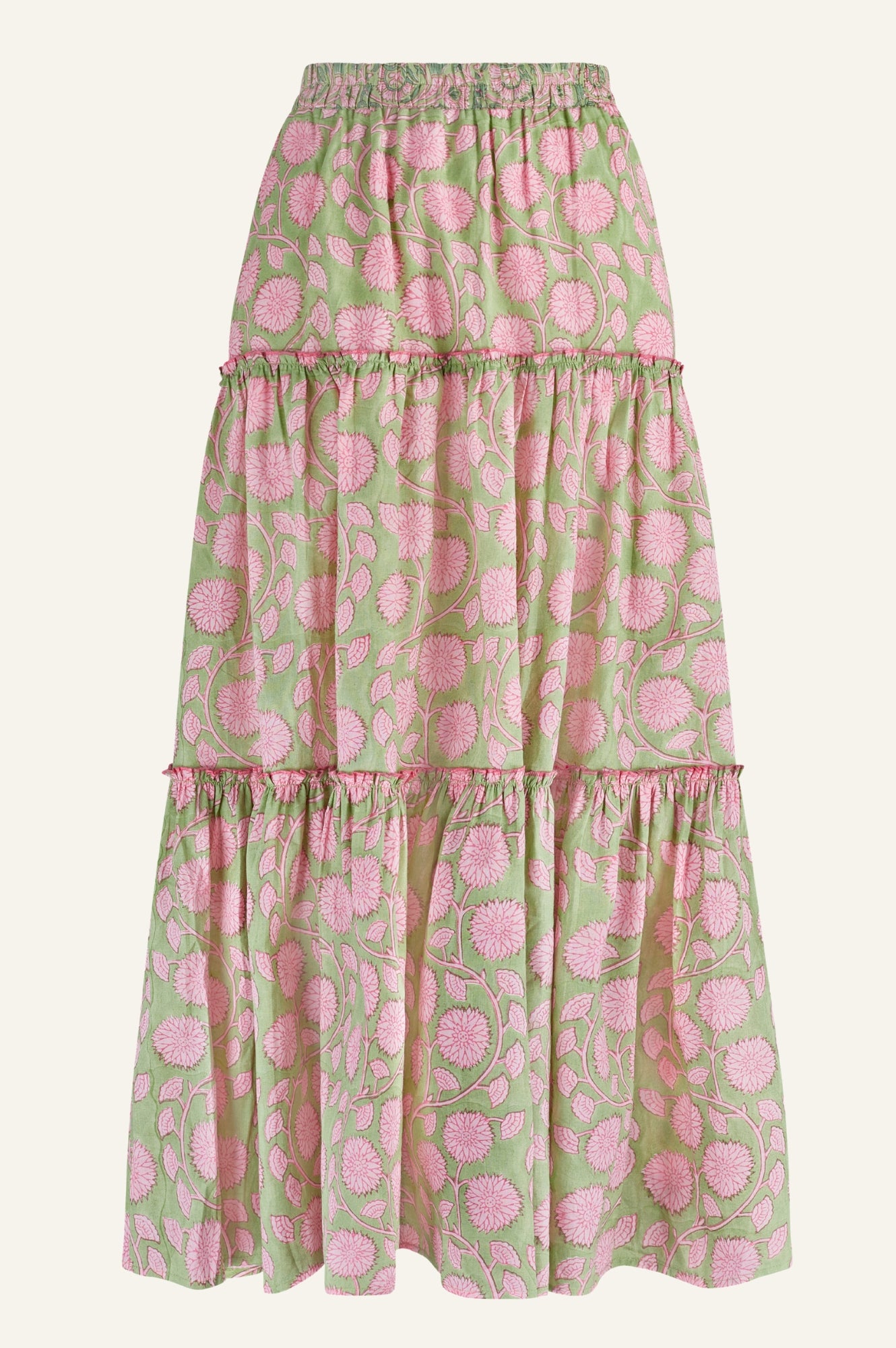 Becks Organic Cotton Block Print Skirt - Handmade Floral Design, Comfortable & Breathable | Mara Green & Pink | Perfect for Summer Outfits, Beach Vacations & Boho Fashion