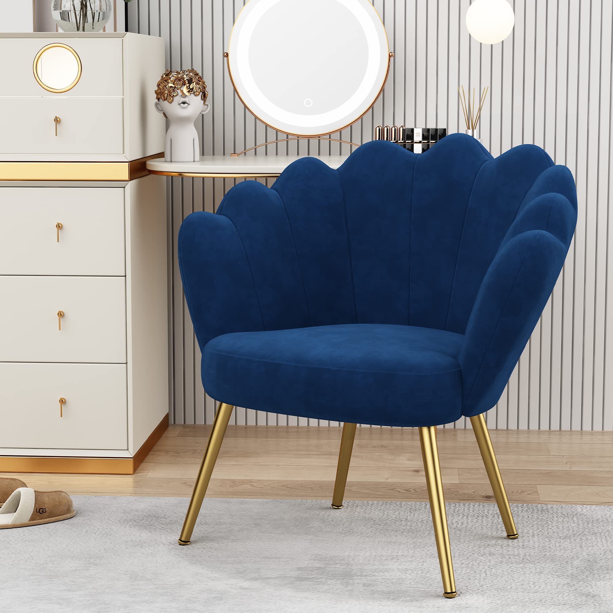 Mid Century Blue Velvet Accent Chair - Modern Upholstered Barrel Arm Lounge Chair for Living Room, Bedroom & Makeup Vanity | Stylish Comfortable Guest Seating for Home Decor & Relaxation