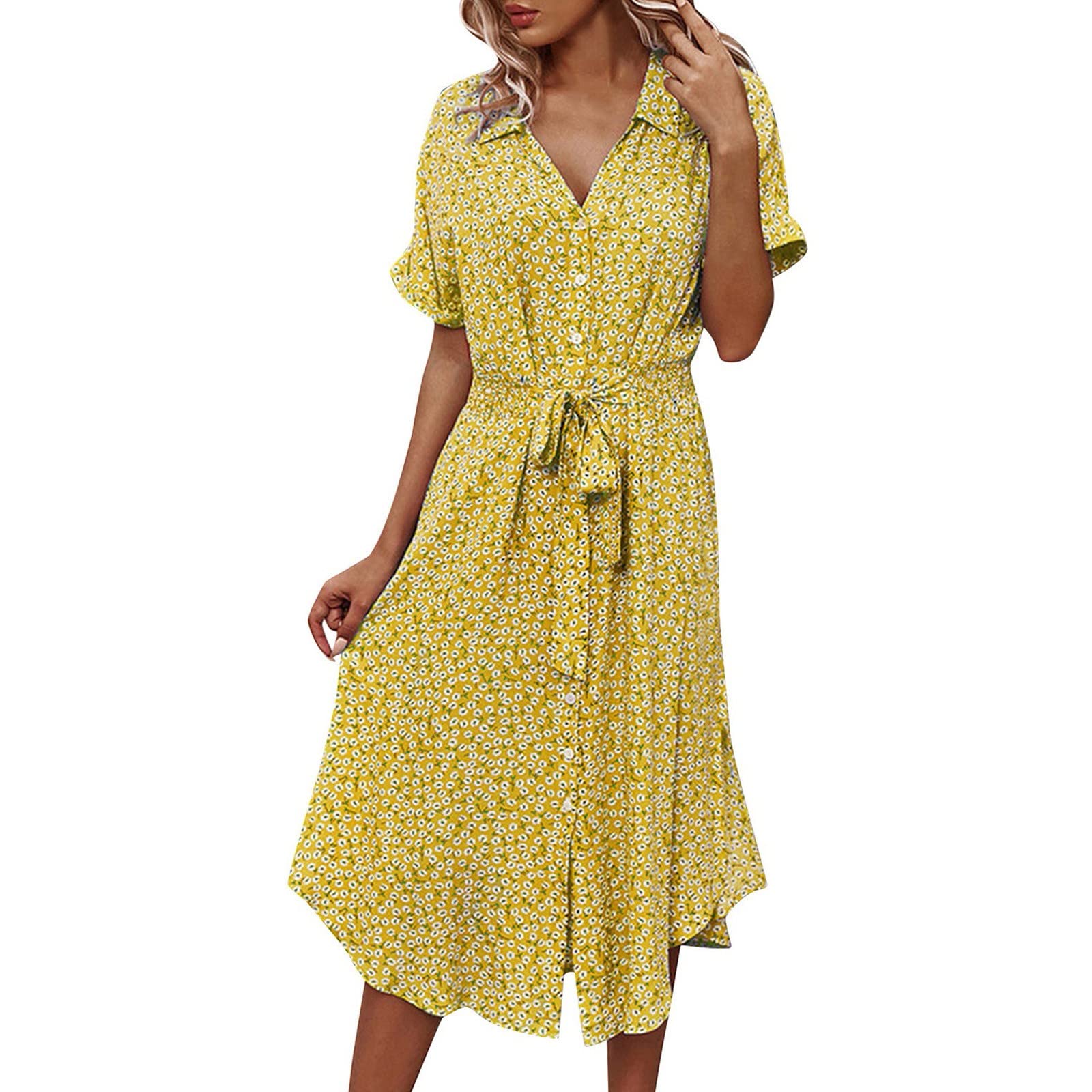 Koippimel Women's Summer Short Sleeve Floral Printed Button Dress - Wedding Guest, Evening Cocktail & Prom Midi Dress | Perfect for Garden Parties, Date Nights & Formal Events