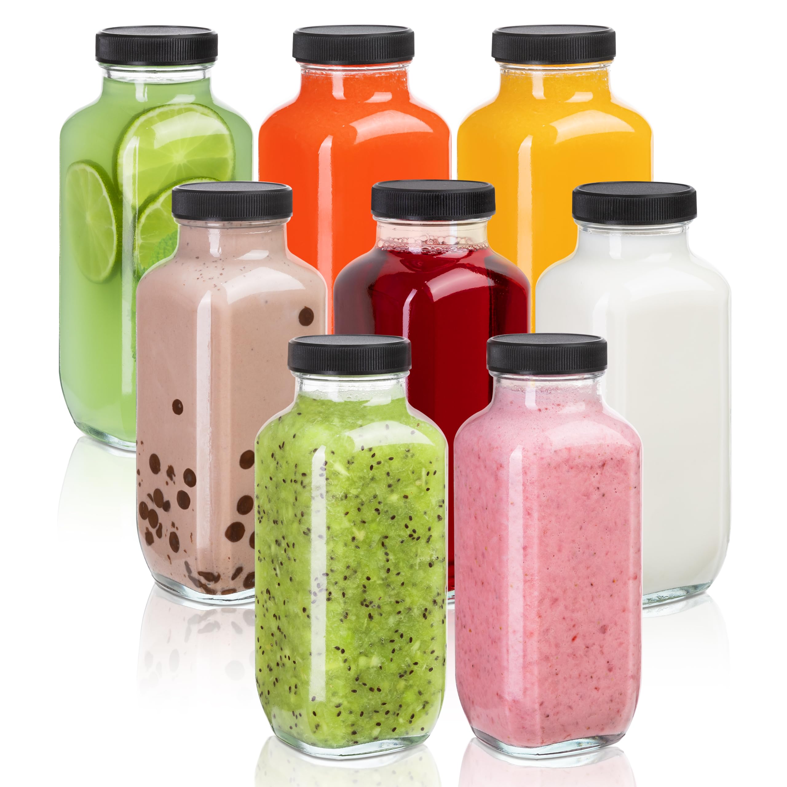 **16 Oz Clear Glass Juice Bottles with Lids - Set of 8 Reusable Drink Containers for Juicing, Smoothies, Water, Milk, Kombucha & Wellness Shots - Perfect for Home, Office & On-the-Go Hydration**