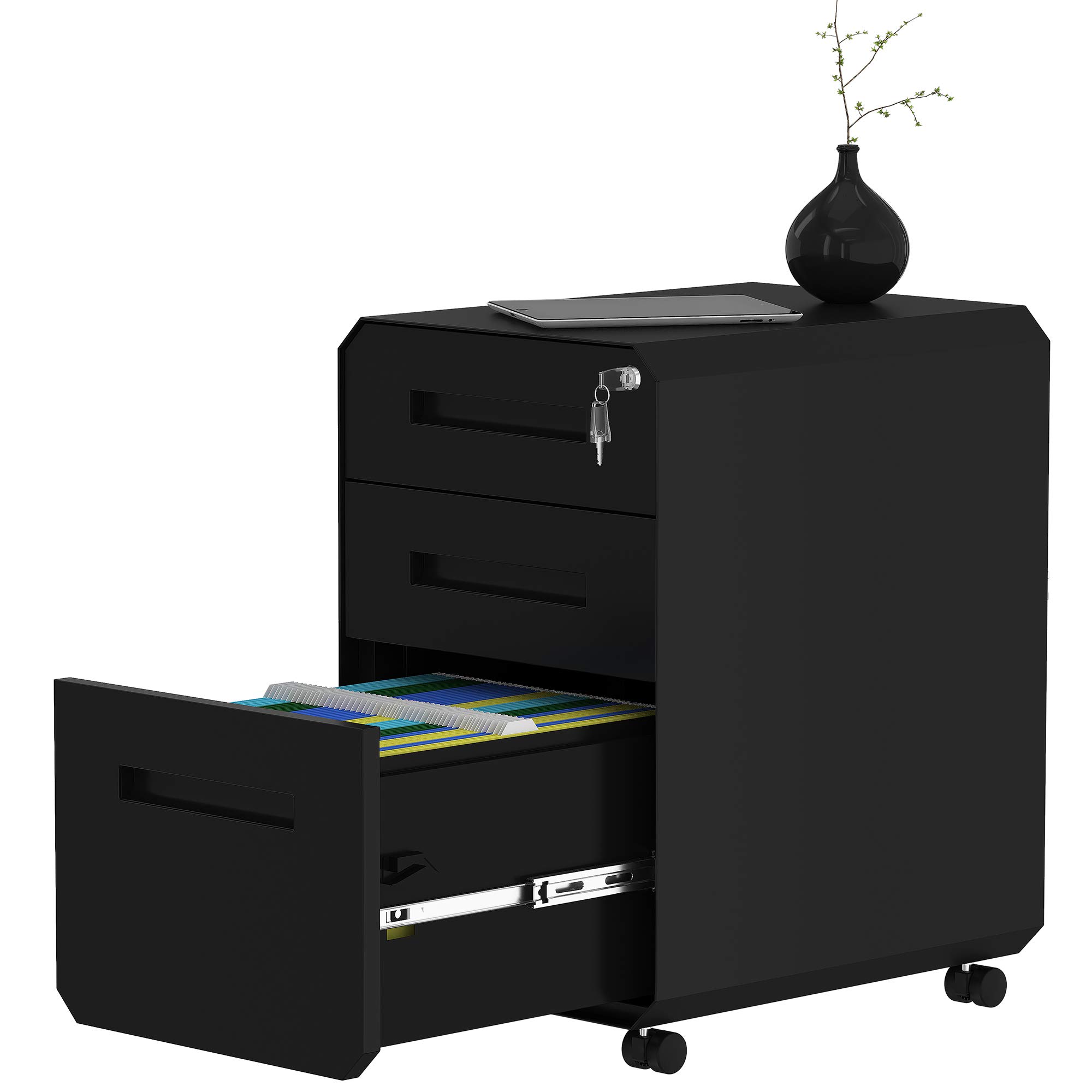 YITAHOME 3-Drawer Locking Metal Filing Cabinet with Divider & Pencil Tray - Portable Office Storage Solution for Documents, Files & Supplies - Perfect for Home Office, Workplace & School Organization