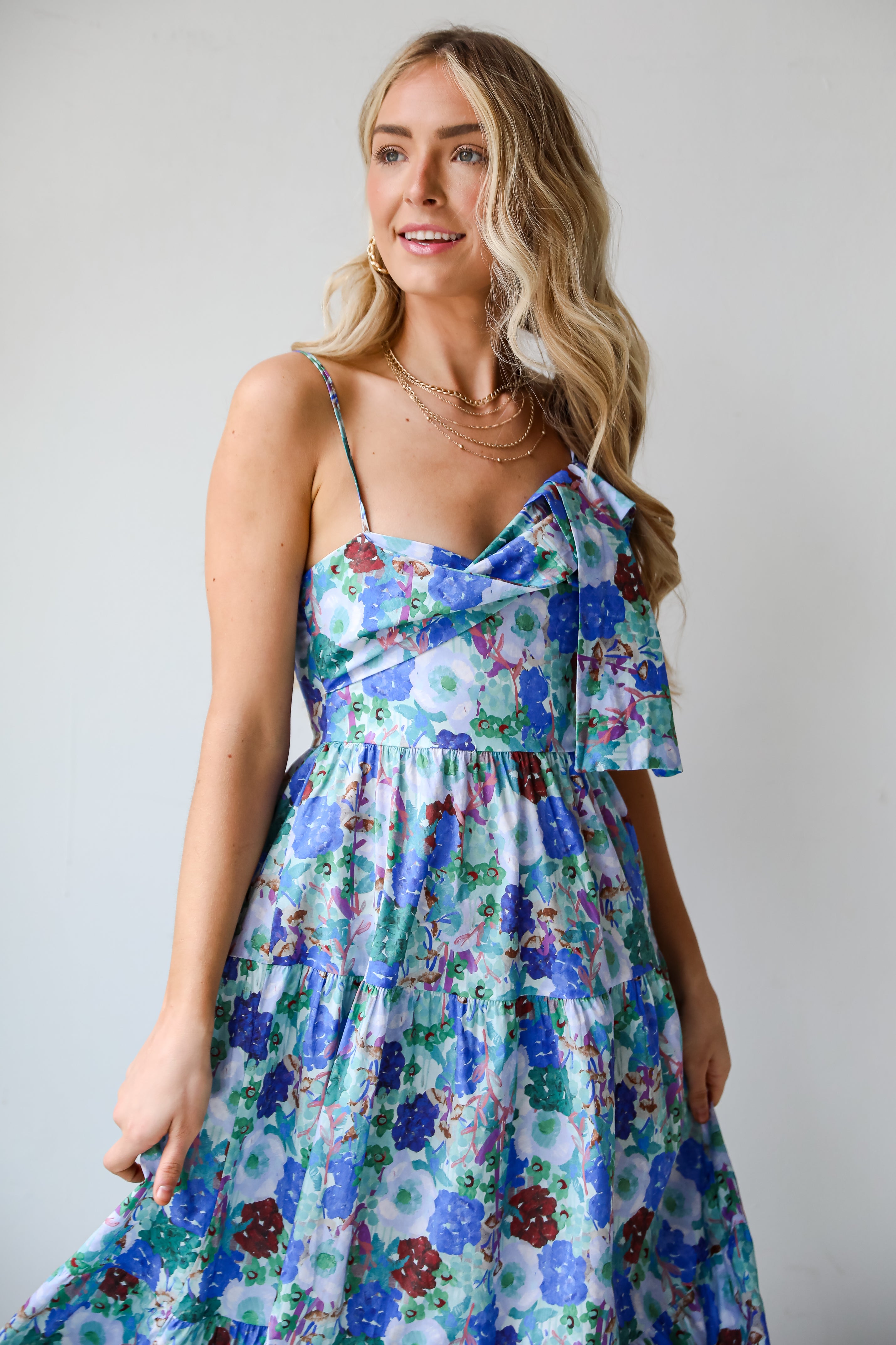 RSVP Blue Floral Tiered Midi Dress - Women's Summer Casual Dress for Beach, Party & Wedding | Final Sale