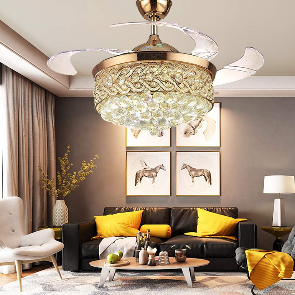 42 Inch Crystal Ceiling Fan with Light and Remote Control - Invisible Retractable Chandelier Fan with 3 Light Levels & 3 Speeds - Perfect for Dining Room, Living Room, Bedroom and Office Spaces