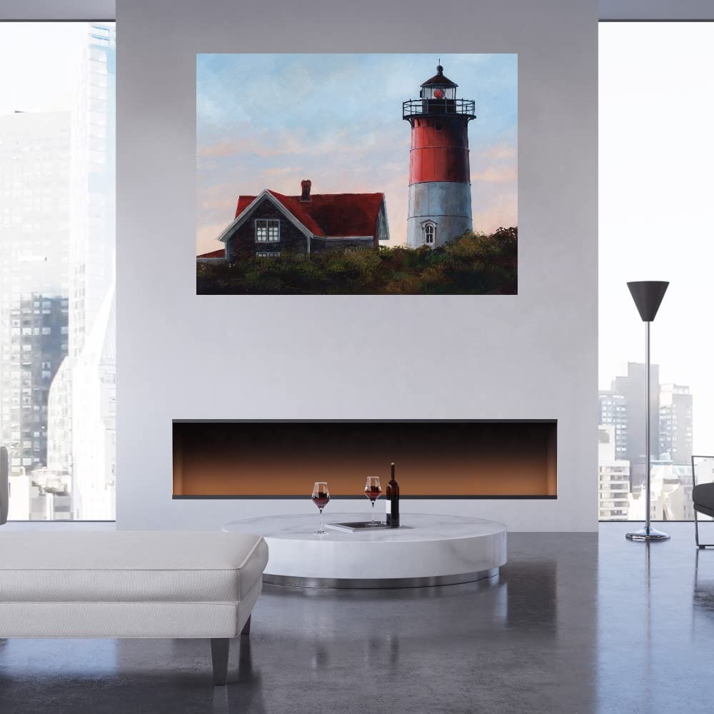 Nauset Light at Cape Cod Fine Art Canvas Print by Roger Bansemer - 43x32 Inch Ready to Hang Wall Decor for Living Room, Bedroom, Office & More - Coastal Lighthouse Painting for Home & Commercial Spaces