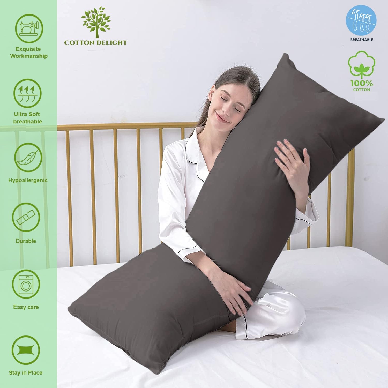 Premium 100% Natural Cotton Body Pillow Cover - 20x60 Inches, 600 Thread Count, Soft Grey with Zipper Closure - Perfect for Pregnancy, Back Support & Lounging Comfort