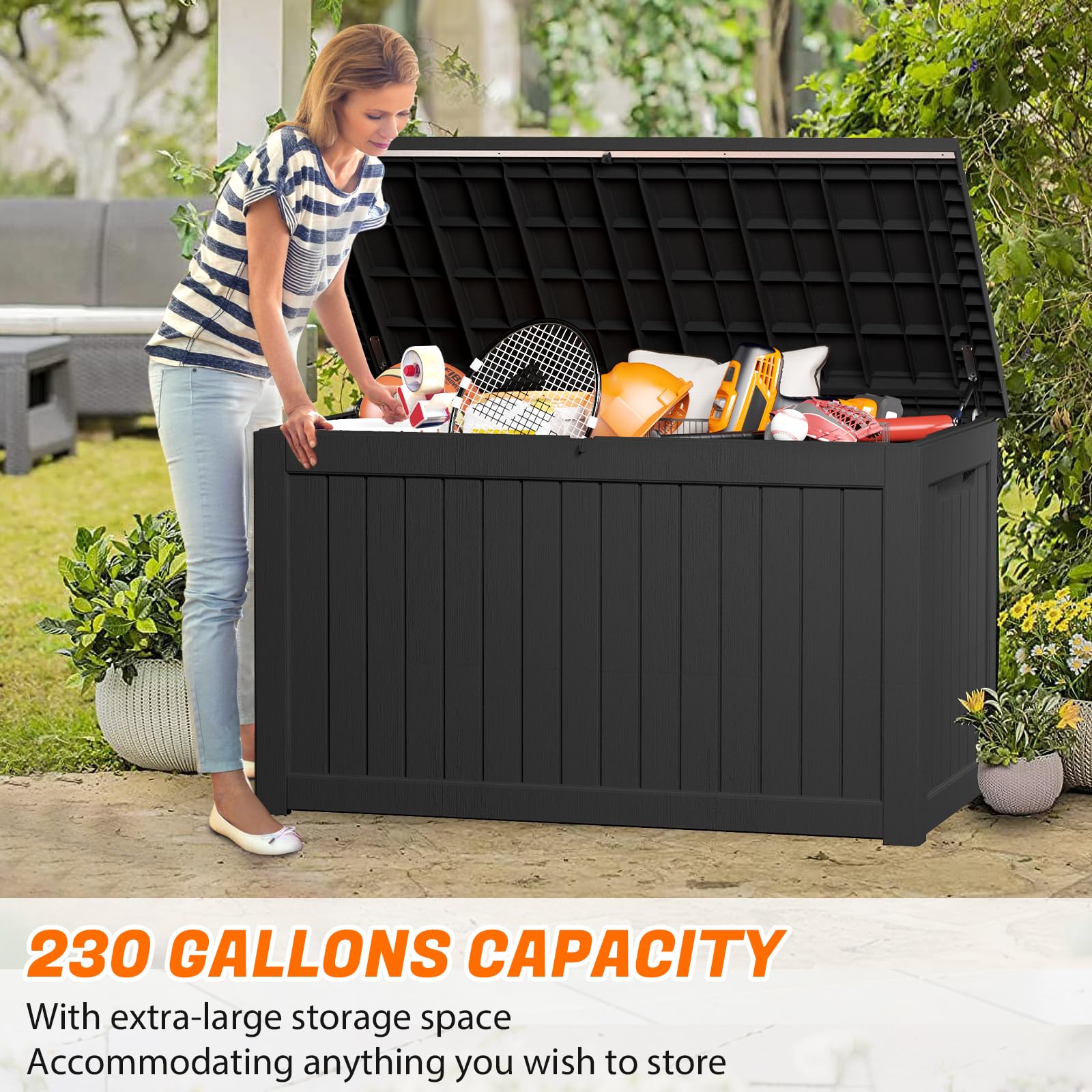 230 Gallon Resin Deck Box – Lockable Waterproof Storage Bin for Indoor & Outdoor Use – Organize Patio Furniture, Outdoor Cushions, Garden Tools & Pool Supplies – Perfect for Backyard, Poolside & Garage Storage
