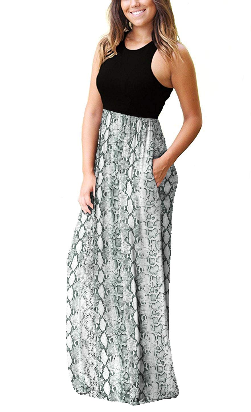 Women's Floral Summer Dress Casual Beach Tank with Pockets - Pleated Front Long Maxi Dress for Vacation, Outdoor Party & Date Night