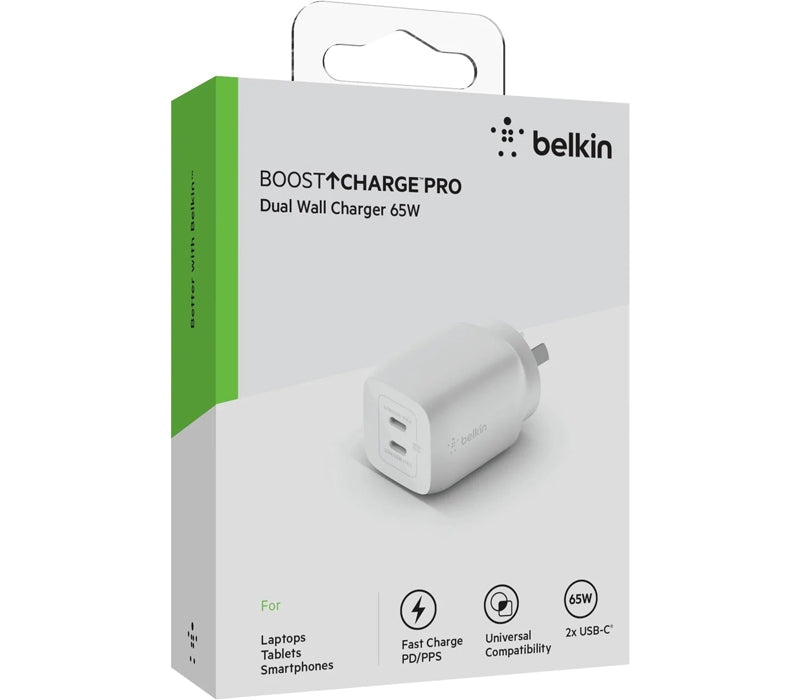 Belkin BOOST↑CHARGE PRO 65W USB-C Wall Charger - Fast Charging Adapter for MacBook Pro/Air, iPhone 15/14/13, iPad, Samsung Galaxy - Compact 65W Power Delivery for Home, Office & Travel (White)