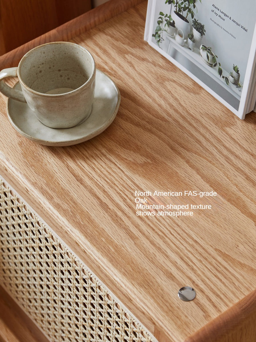 Solid Oak Wood Nightstand with Rattan Accents - Stylish Bedside Table for Bedroom Decor, Living Room, or Guest Room