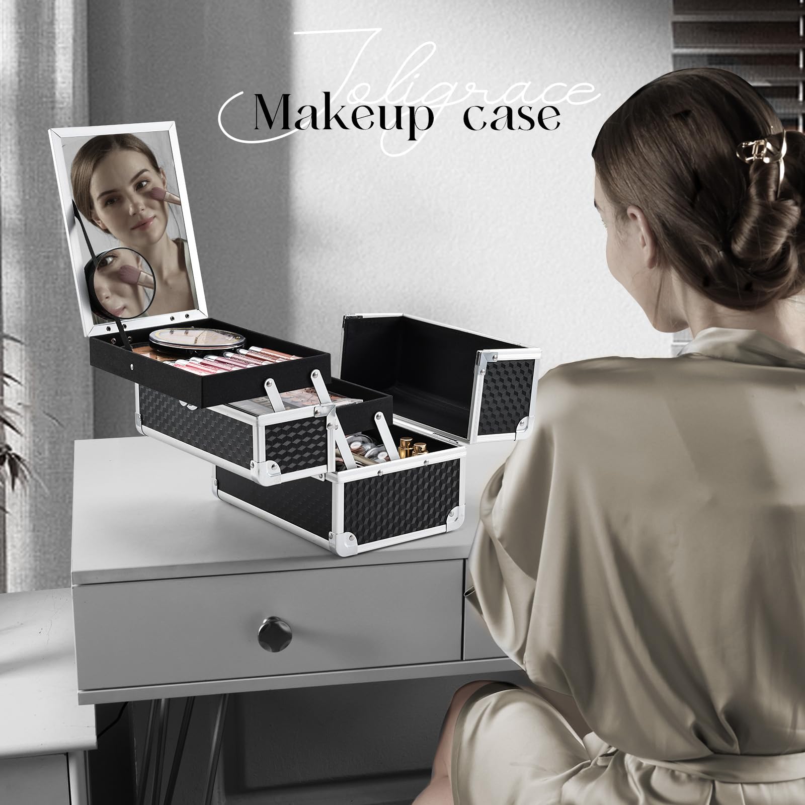 Joligrace Professional Makeup Train Case with 2 Trays & Key Lock - Portable Cosmetic & Jewelry Organizer with Mirror, Travel Storage Box (Modern Black) - Perfect for Travel, Salon, Home & Professional Makeup Artists