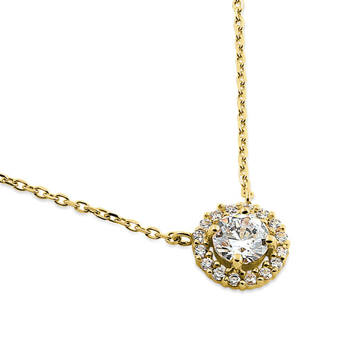 14K Yellow Gold Round Halo CZ Necklace for Women - Elegant Cubic Zirconia Pendant Jewelry Gift for Birthday, Anniversary & Valentine's Day