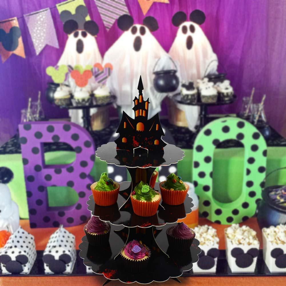 3-Tier Halloween Cupcake Stand - Gothic Party Decorations for Halloween, Birthday & Wedding - Cardboard Cake Stand Tower for Desserts, Snacks & Treats Display
