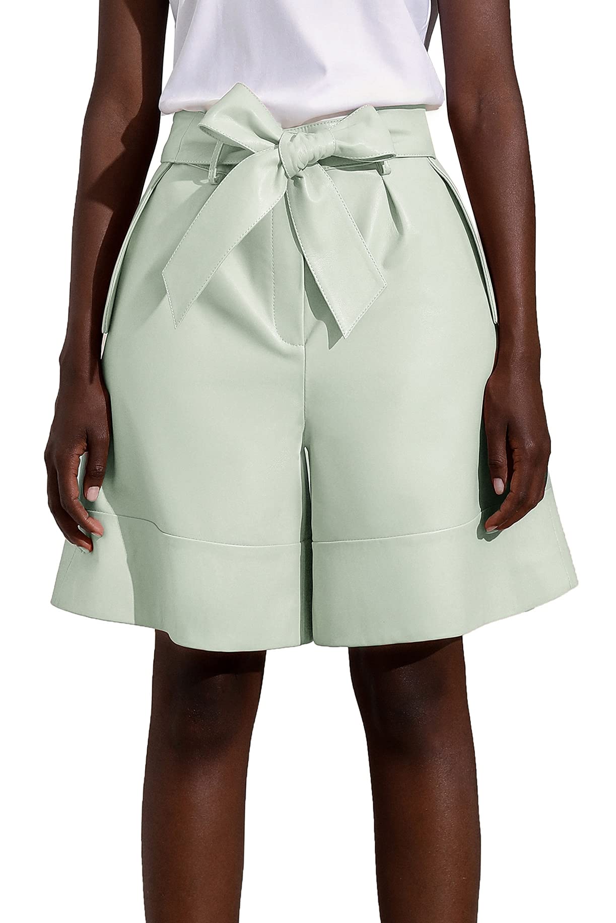 Women's High Waisted Wide Leg Leather Shorts with Belt - Fashionable Paperbag Waist Design for Summer Outfits & Casual Wear