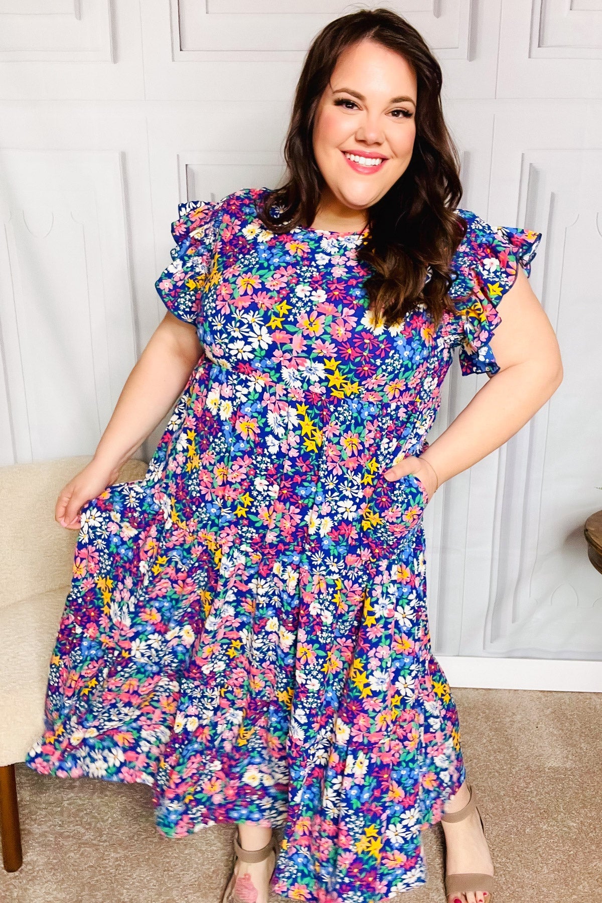 Haptics Just A Dream Navy Floral Smocked Ruffle Sleeve Maxi Dress - Elegant Summer Beach Wedding Guest Dress for Women
