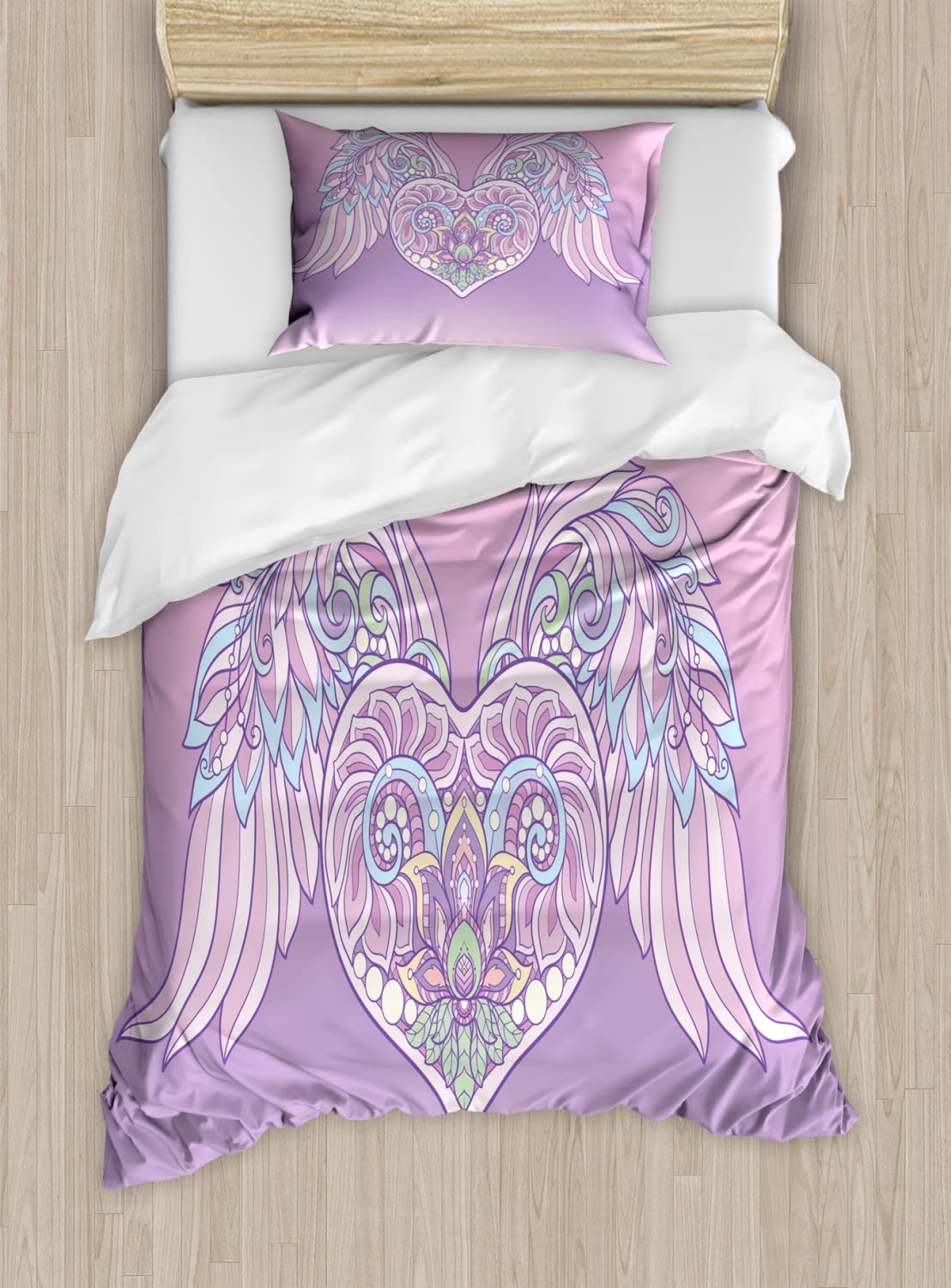 Ambesonne Angel Wings Duvet Cover Set - Bohemian Pastel Heart & Feather Design for Twin Bed | Romantic Marriage Theme Bedding | Includes 2 Duvet Covers & 2 Pillowcases (Pale Pink Lavender) | Perfect for Guest Rooms, Master Bedrooms & Boho Chic Home Decor