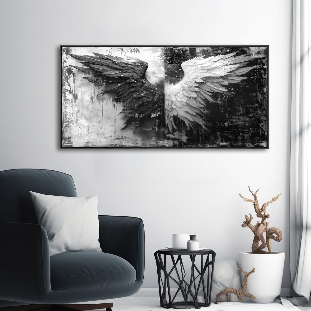 Modern Abstract Black and White Angel Wings Canvas Wall Art - Framed Home Decor for Bedroom, Living Room & Office - Perfect for Contemporary Interior Design & Gift Giving