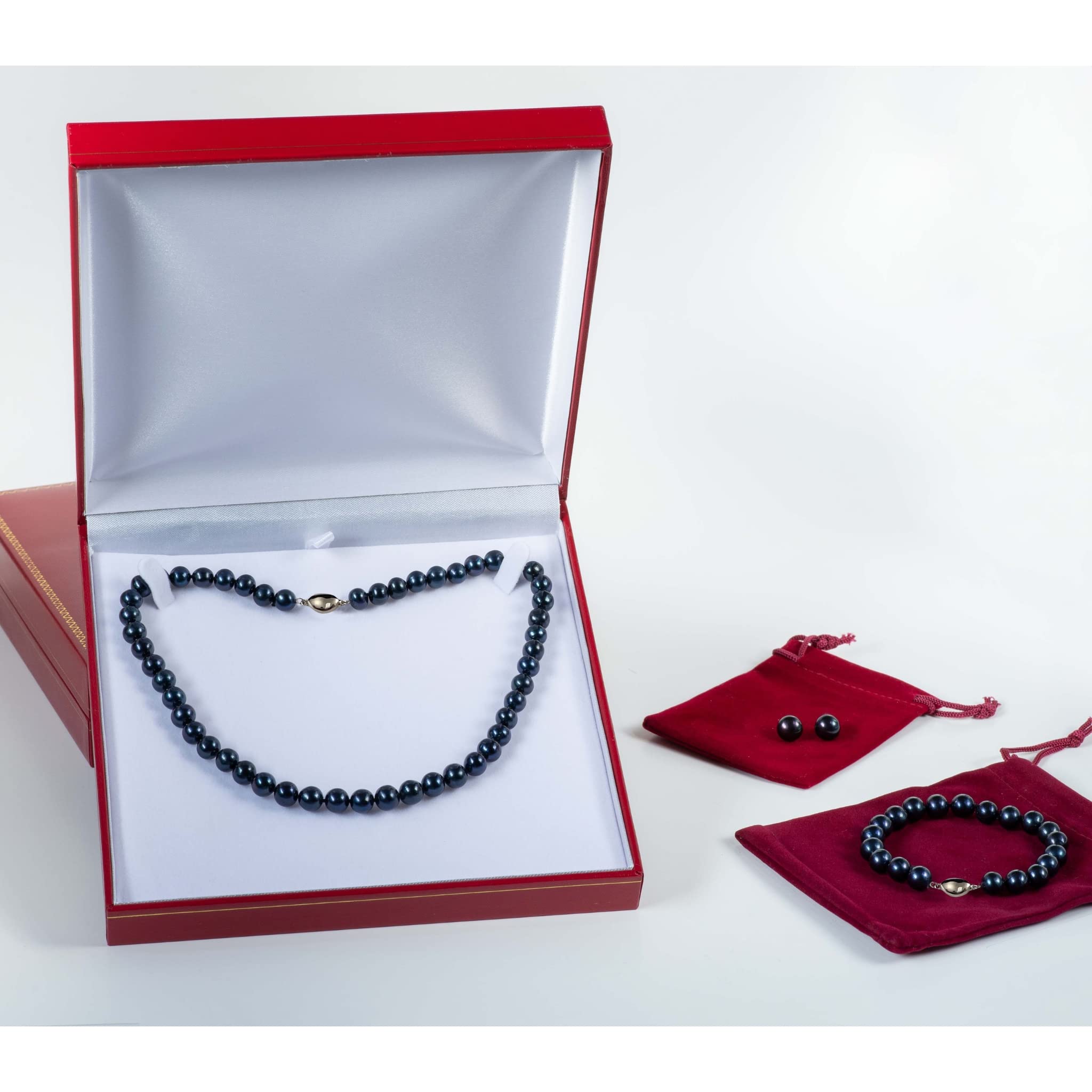 Black Pearl Jewelry Set for Women - Round Cultured Freshwater Pearl Necklace, Bracelet & Stud Earrings 3-Piece Gift Set | Elegant Christmas Present, Wedding Accessories & Formal Occasion Wear