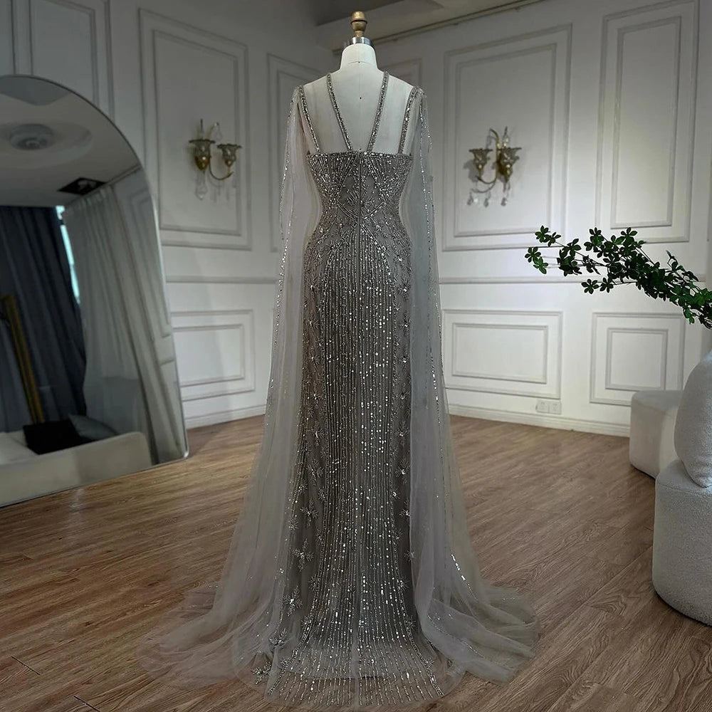 Elegant Beaded Mermaid Evening Gown with Cape Sleeves for Women - Luxury Dubai Wedding Party Dress 2025 | Perfect for Red Carpet Events, Galas & Formal Occasions - Serene Hill Caramel LA71905B