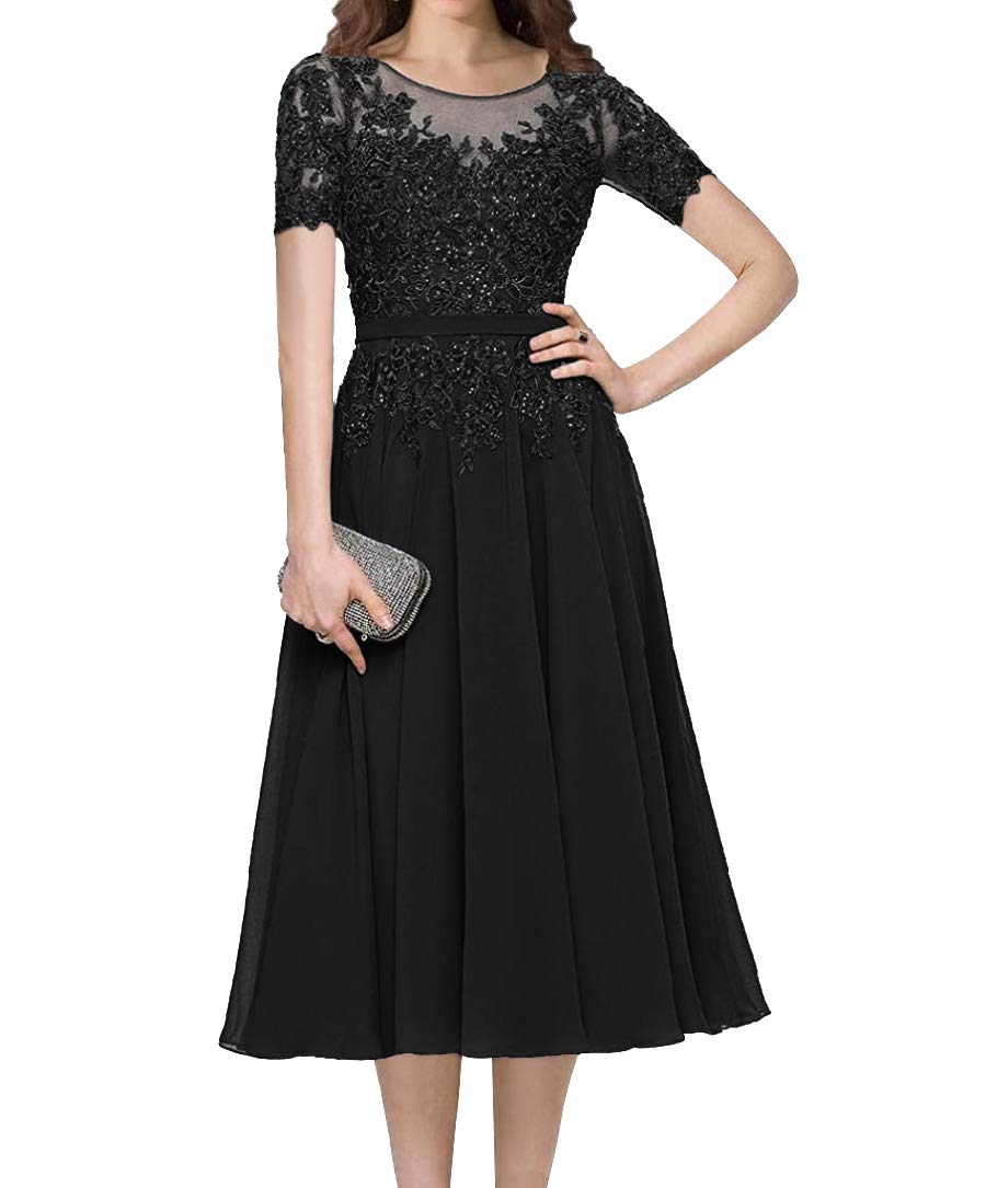 Elegant Tea Length Mother of The Bride Dress with Lace Applique & Beading - Formal Evening Gown with Short Sleeves for Women | Perfect for Weddings, Parties & Special Occasions