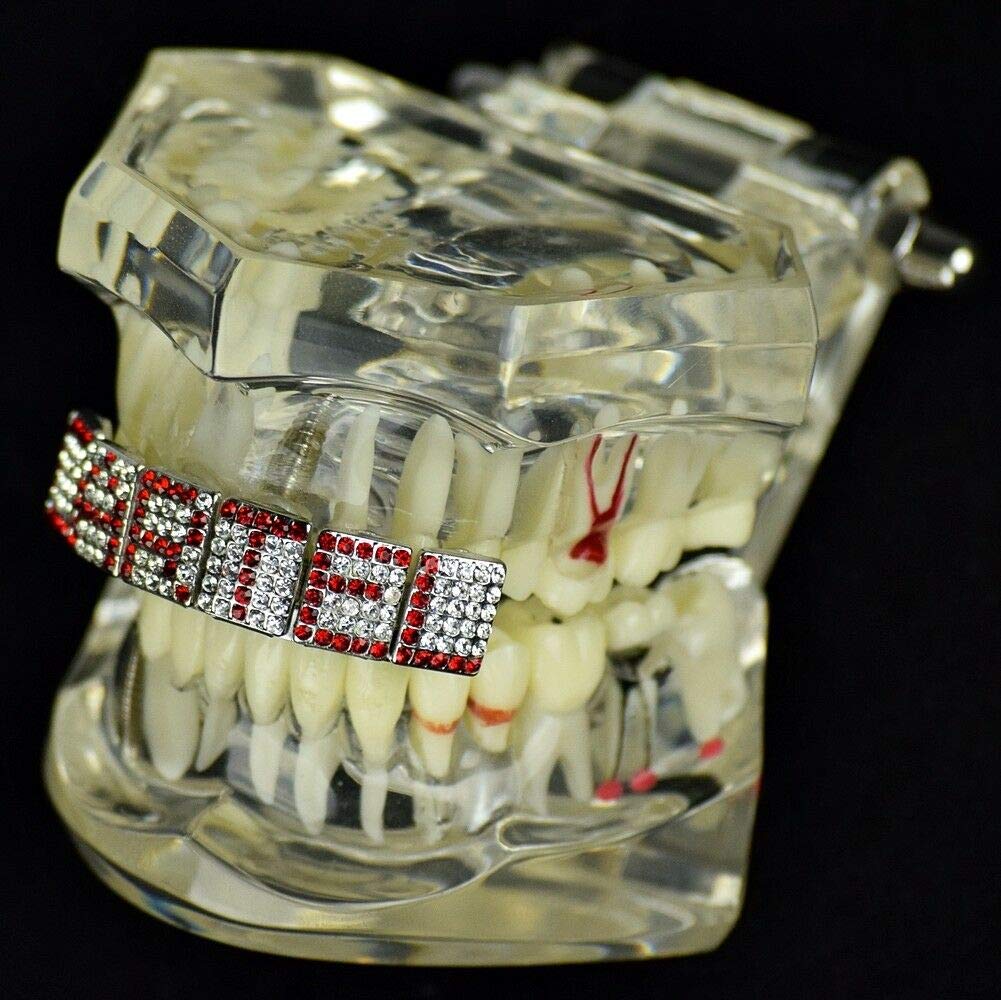 Custom Name Grillz with Red Bling Stones - Personalized 6 Letter Hip Hop Teeth Jewelry for Men & Women - Perfect for Rappers, Parties, and Special Occasions