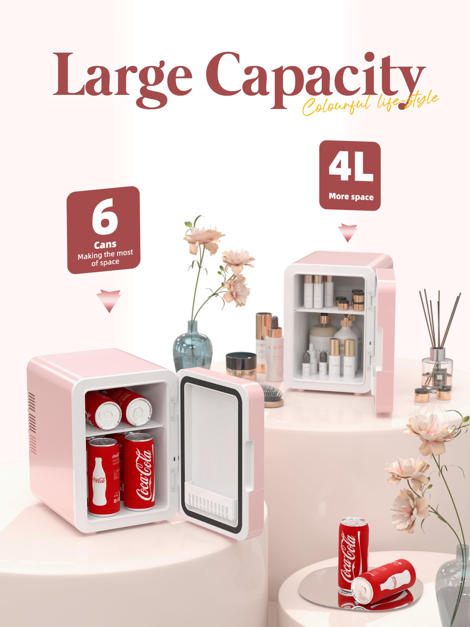 BOGDA 4L Mini Skincare Fridge with LED Light Mirror - Portable Cosmetic Cooler & Warmer for Makeup, Skincare, Food - Perfect for Bedroom, Office, Car (Pink) | Keep Beauty Products Fresh & Drinks Chilled Anywhere
