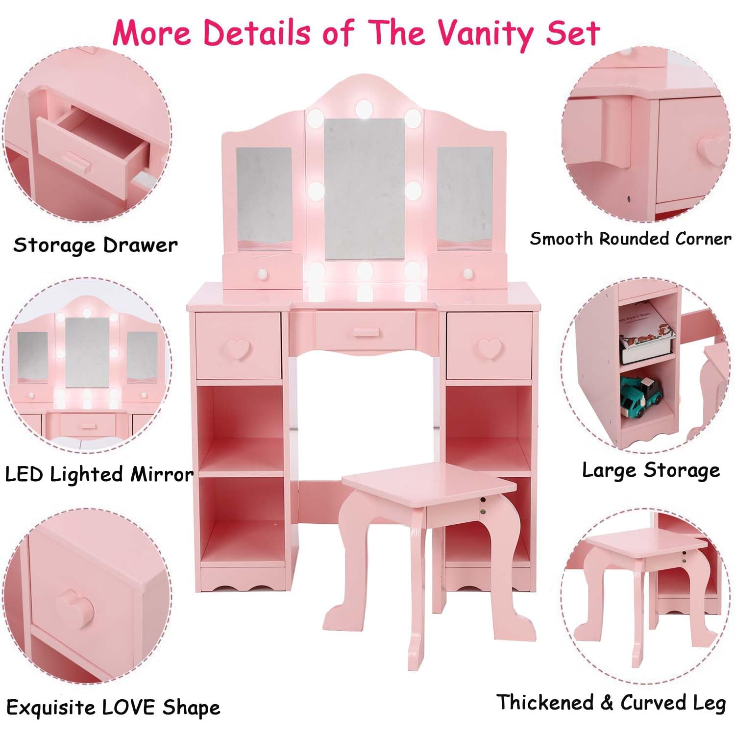 GAOMON Kids Vanity Table with Tri-Folding Mirror, LED Lights, Stool & Storage Drawer - 2-in-1 Wooden Princess Makeup Desk & Dressing Table for Toddlers - Perfect for Pretend Play, Birthday Gifts & Bedroom Decor (Pink/White)