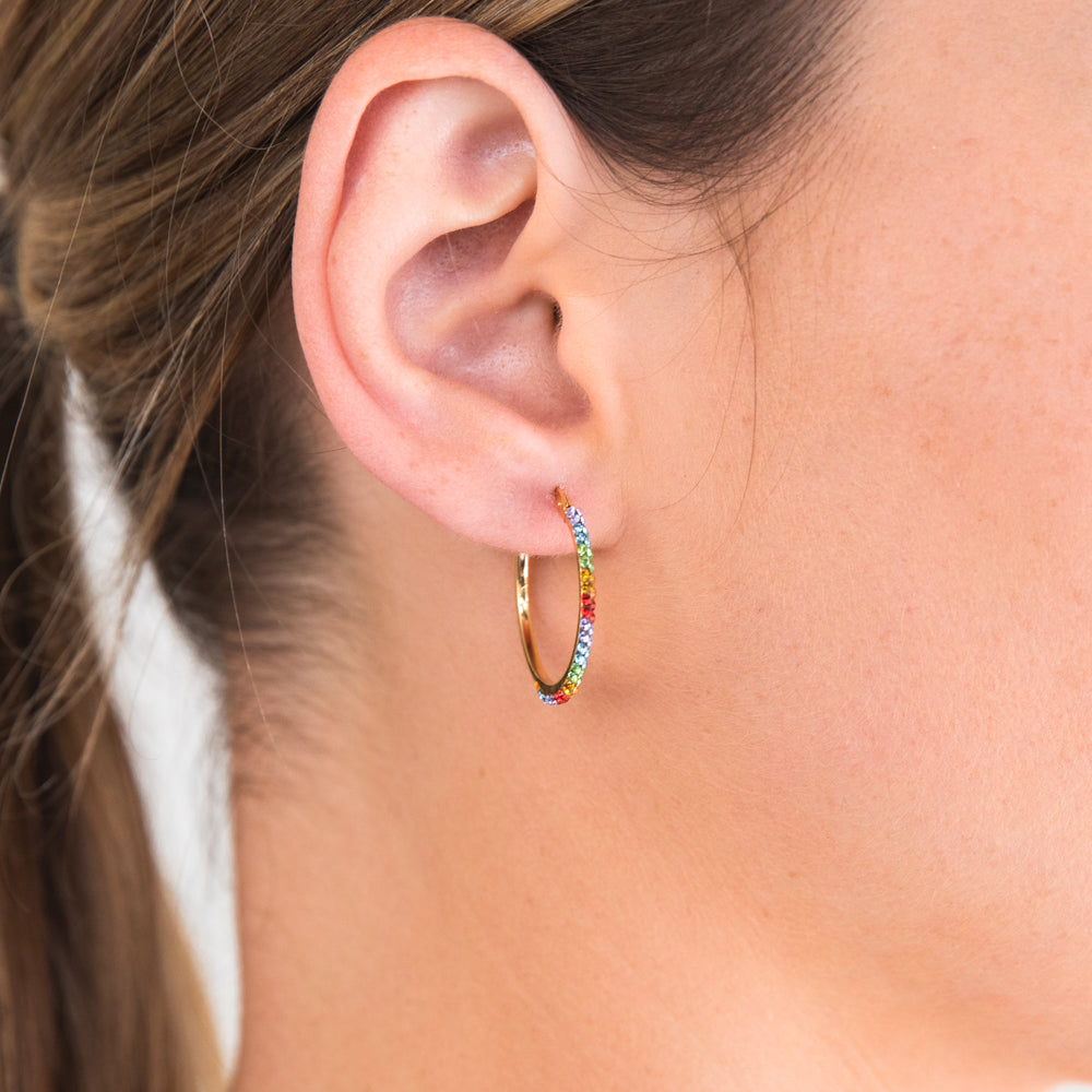 9ct Silver Filled Yellow Gold Rainbow Multi-Color Crystal Hoop Earrings for Women - Elegant Party & Wedding Jewelry Gift