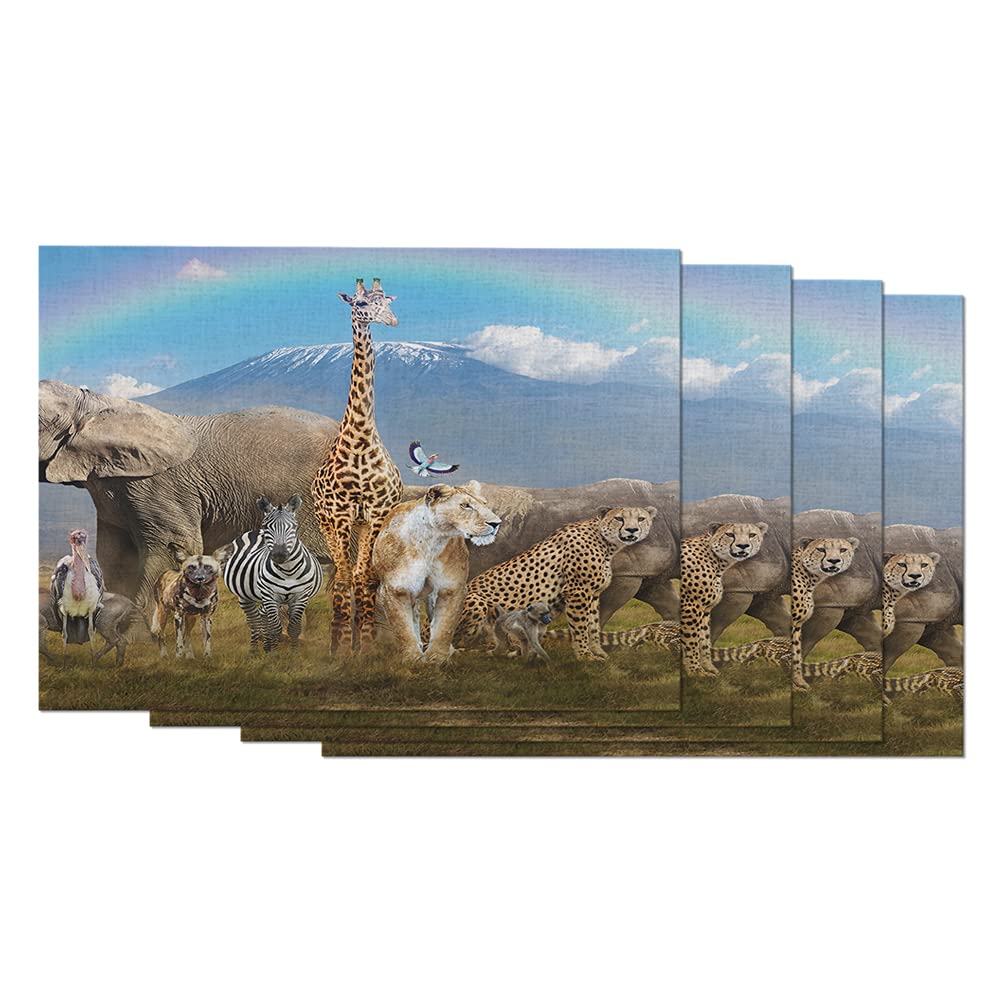 Premium African Wildlife Animals Placemats Set of 4 - Lion, Elephant, Giraffe Design - 12x18 Inch Cotton Linen Table Mats for Dining Room Decor | Perfect for Safari Theme Parties, Family Gatherings & Home Decoration