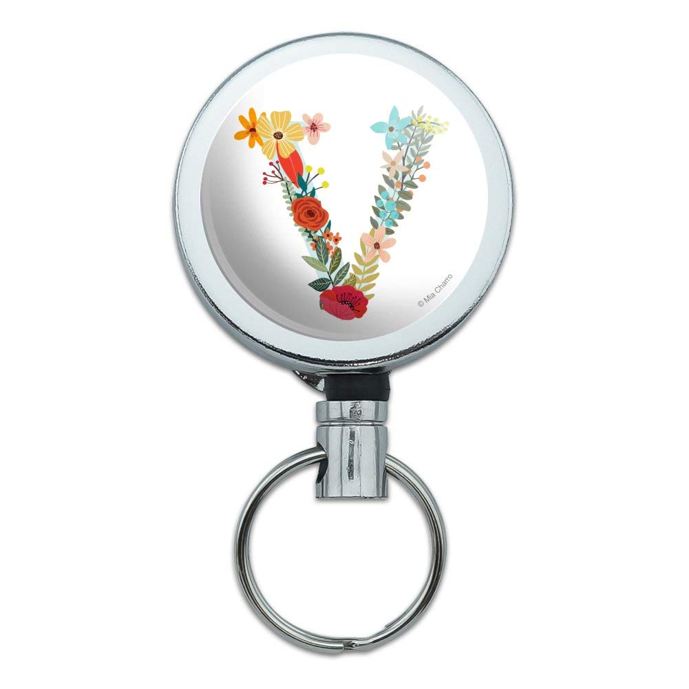 Letter V Floral Monogram Metal Retractable ID Badge Holder - Heavy Duty Key Card Reel with Belt Clip for Nurses, Teachers & Office Professionals