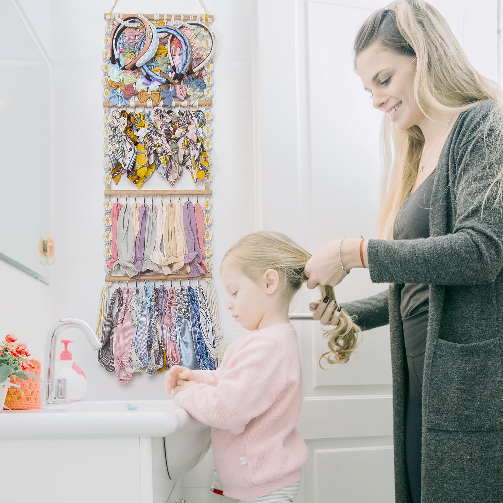 Jontell Daisy Hair Bow Holder - Wall-Mounted Organizer for Girls Hair Bows, Baby Headbands & Necklaces - 5 Functional Storage Areas - Perfect for Bedroom, Nursery & Bathroom Accessory Organization