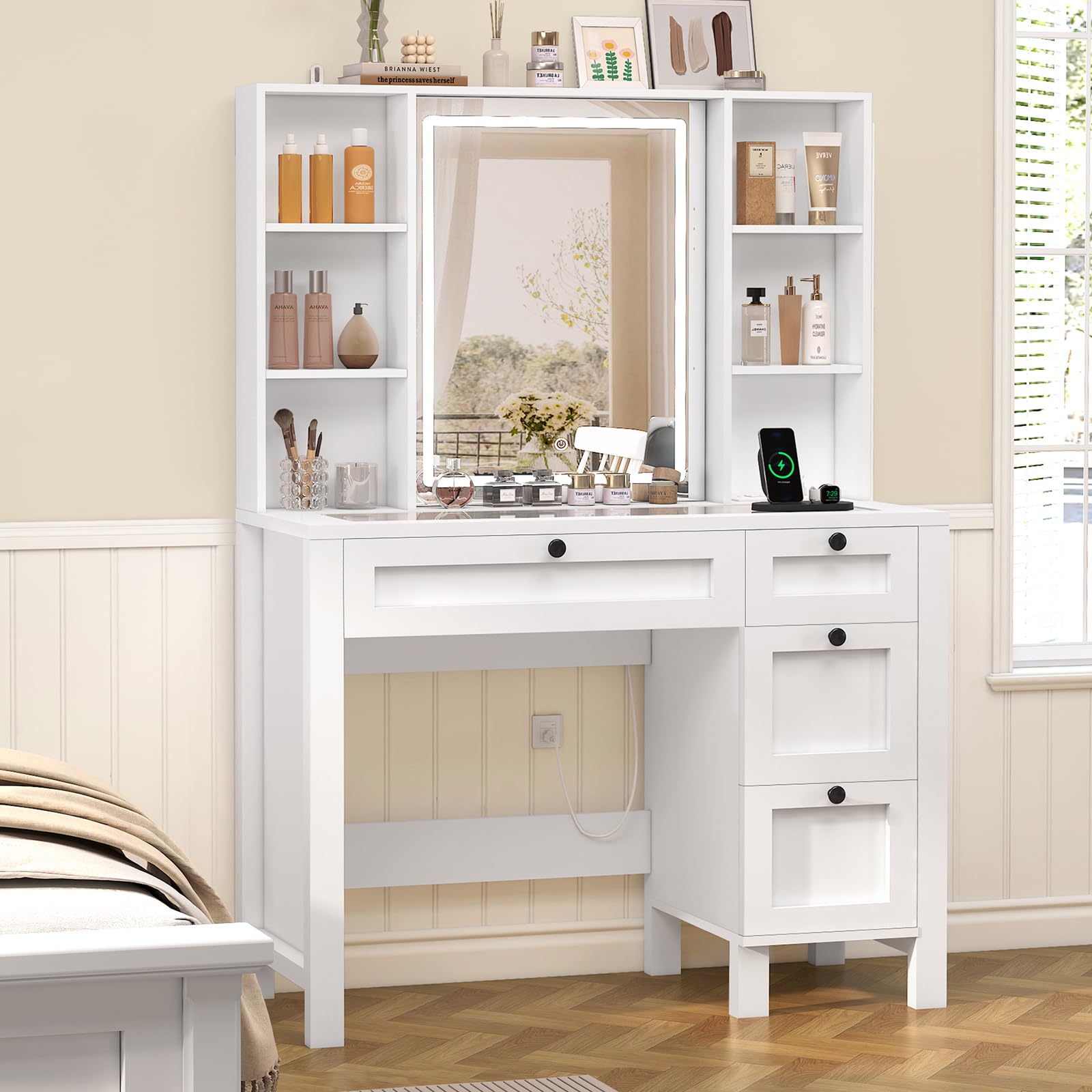 White Vanity Desk with Glass Tabletop, Power Outlet & LED Lights - Makeup Vanity Set with Mirror, 4 Drawers & 6 Shelves - Perfect Dressing Table for Bedroom, Home Decor & Beauty Routine