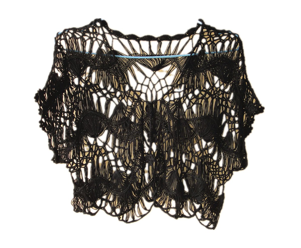 Tinacrochetstudio® Black Crop Top Crochet Cardigan Shrug Bolero Jacket - Women's Summer Fashion Lace Cover Up for Beach, Wedding & Boho Outfits