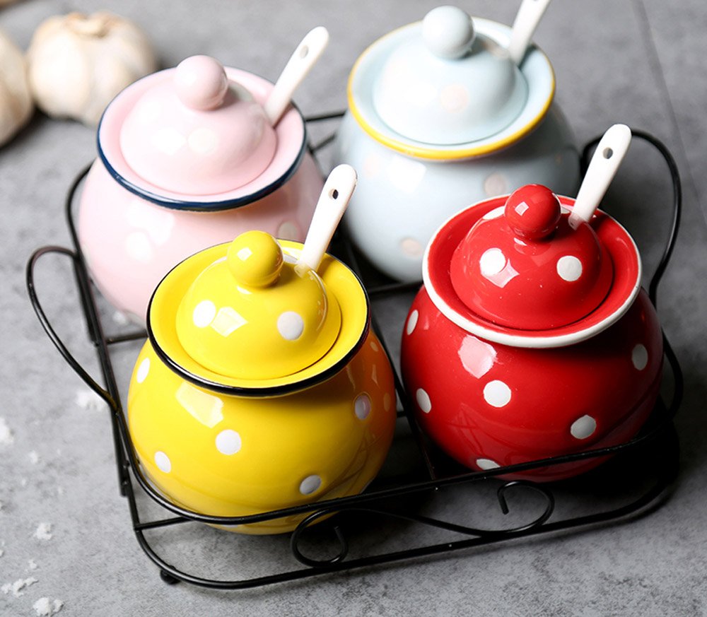 123Arts Ceramic Dot Sugar Salt Pepper Storage Jars with Lid & Spoon - Airtight Spice Containers for Kitchen, Dining Table & Countertop Organization - Perfect for Baking, Cooking & Seasoning