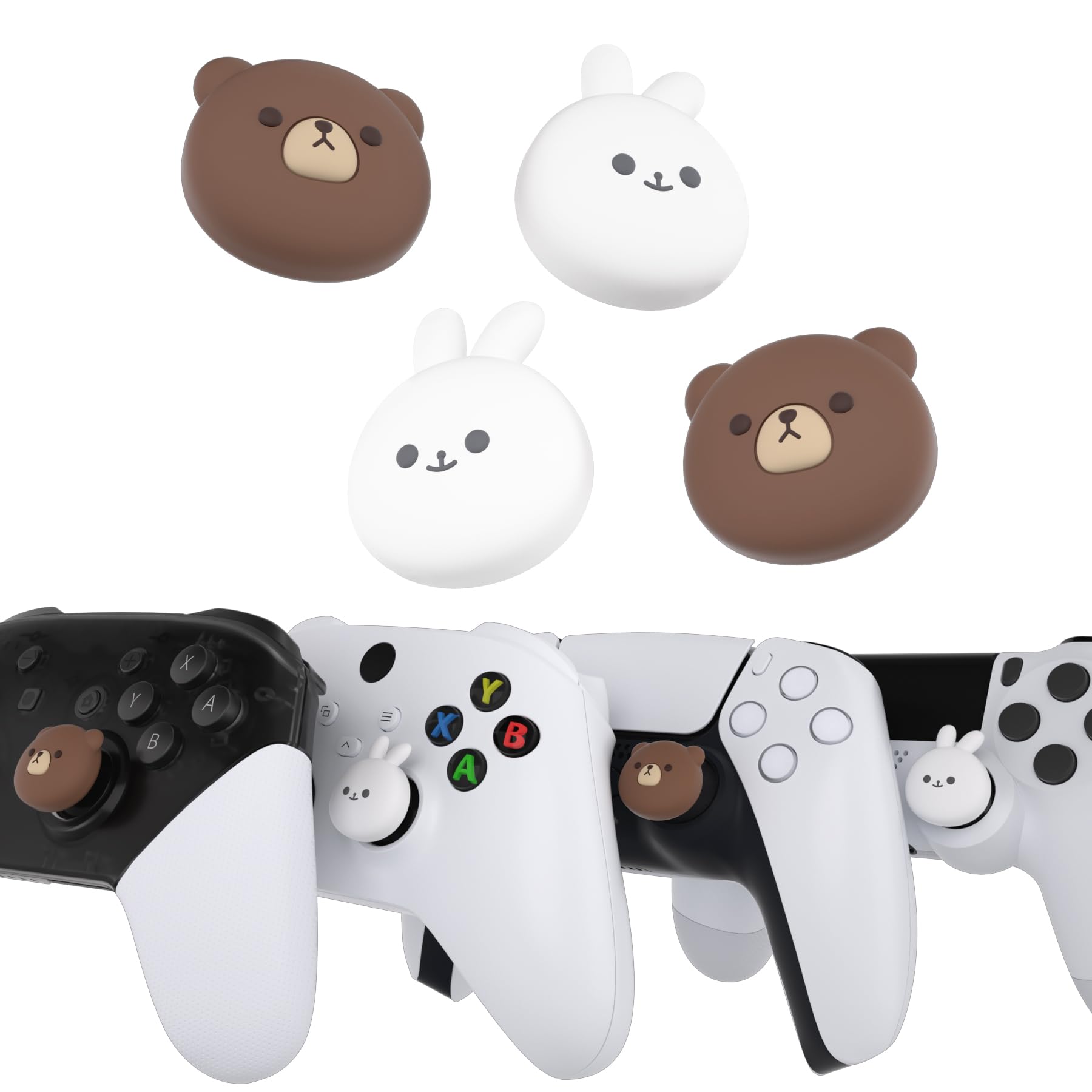 PlayVital Joystick Caps for PS5, PS4, Xbox Series X/S, Xbox One & Switch Pro Controller - Cute Bear & Smiley Rabbit Design | Protective Analog Stick Covers for Enhanced Grip & Comfort | Perfect for Gaming, Streaming & Long Play Sessions