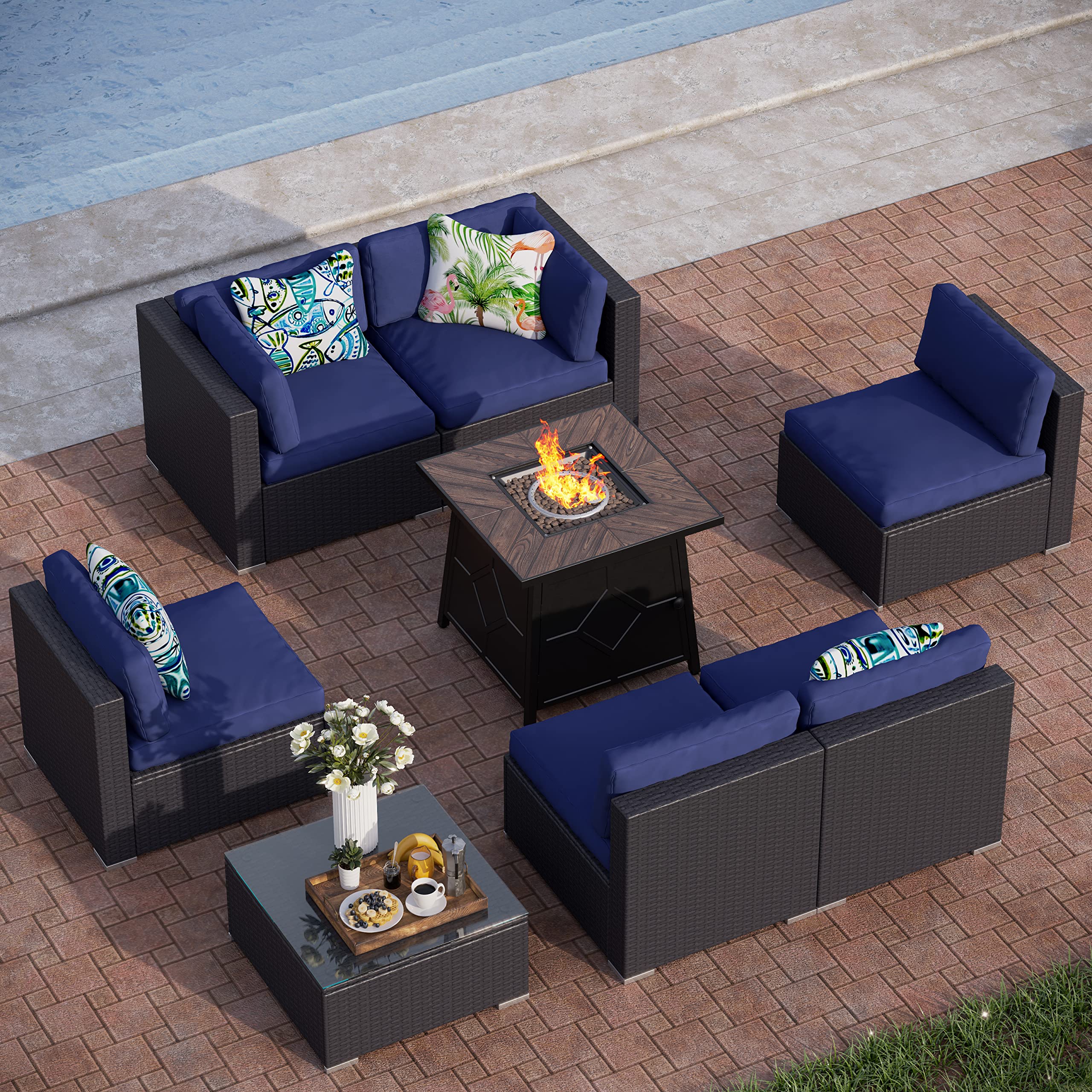 PHI VILLA 8-Piece Outdoor Patio Furniture Set with CSA Approved Gas Fire Pit - Navy Blue Wicker Sectional Sofa, Coffee Table & Wood-Like Tabletop - Perfect for Backyard, Garden, Poolside & Outdoor Entertaining