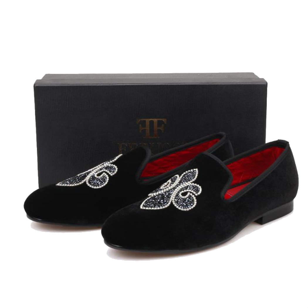 FERUCCI Handmade Men's Black Velvet Slippers - Crystal Embroidered Loafers for Indoor & Outdoor Comfort | Perfect for Home, Lounge & Casual Wear