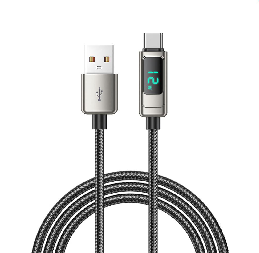 VEN-DENS USB to USB C Fast Charging Cable 1.5m with Digital Display - 2A 8W Braided Charger Cord for iPhone 15 Pro, Samsung Galaxy S22/S21, Pixel, iPad, PS5 - Perfect for Home, Office & Travel Charging