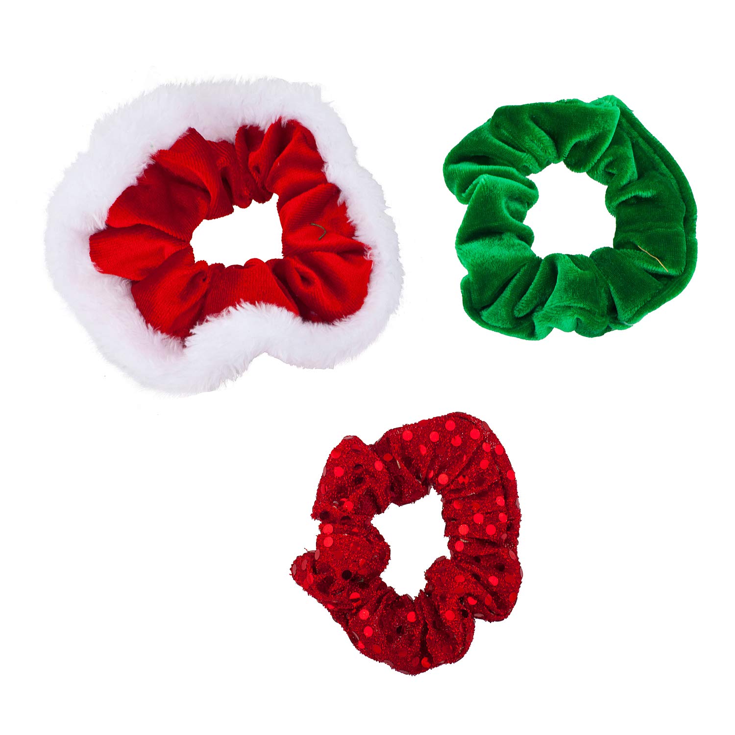 LUX ACCESSORIES Christmas Holiday Hair Scrunchies Set (3pc) - Red Sequins, Green, Red & White Fur Scrunchies for Party, Festive & Gift Giving