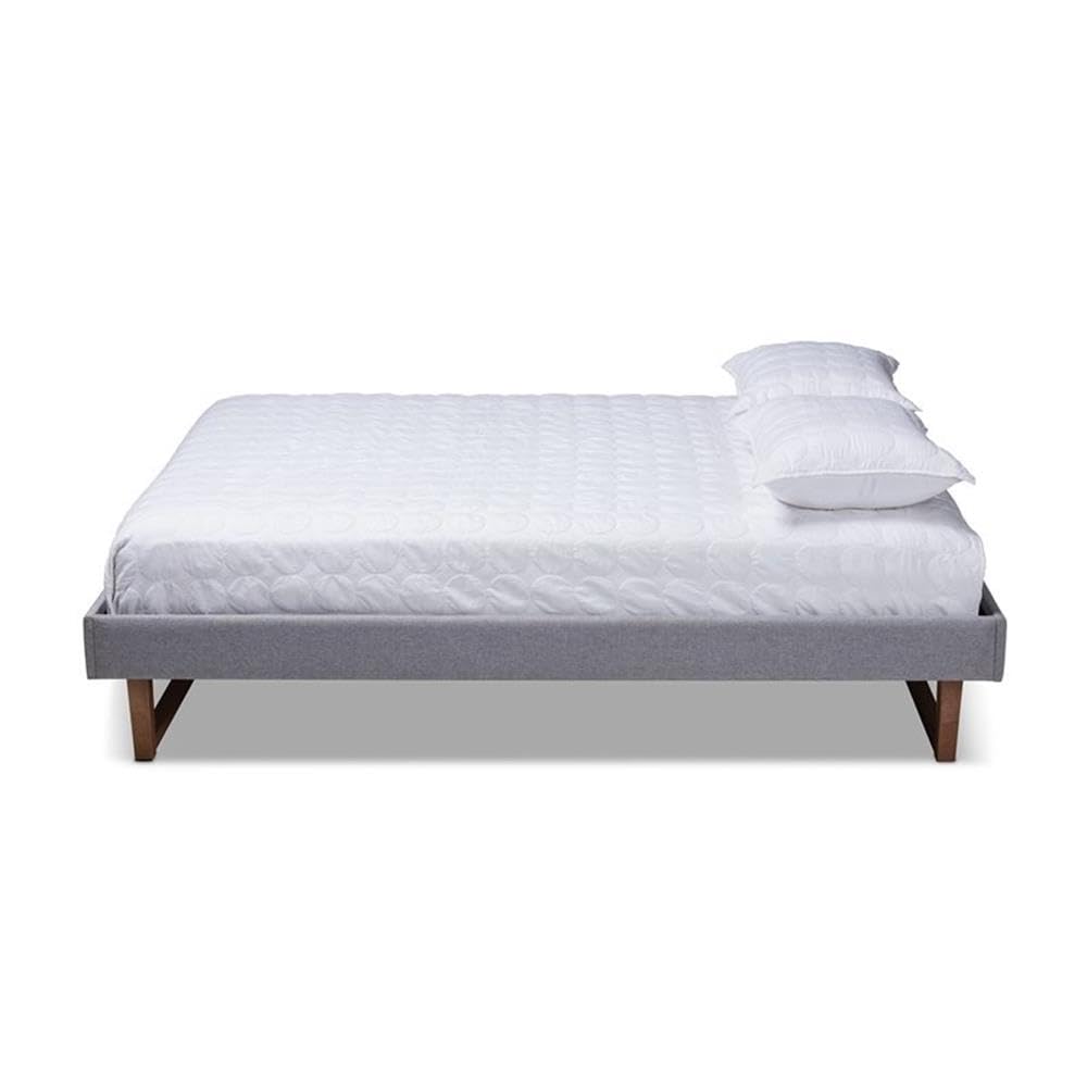 Baxton Studio Liliya Mid-Century Modern King Size Bed Frame - Light Grey Fabric Upholstery with Walnut Brown Wood Finish | Perfect for Contemporary Bedrooms & Master Suites
