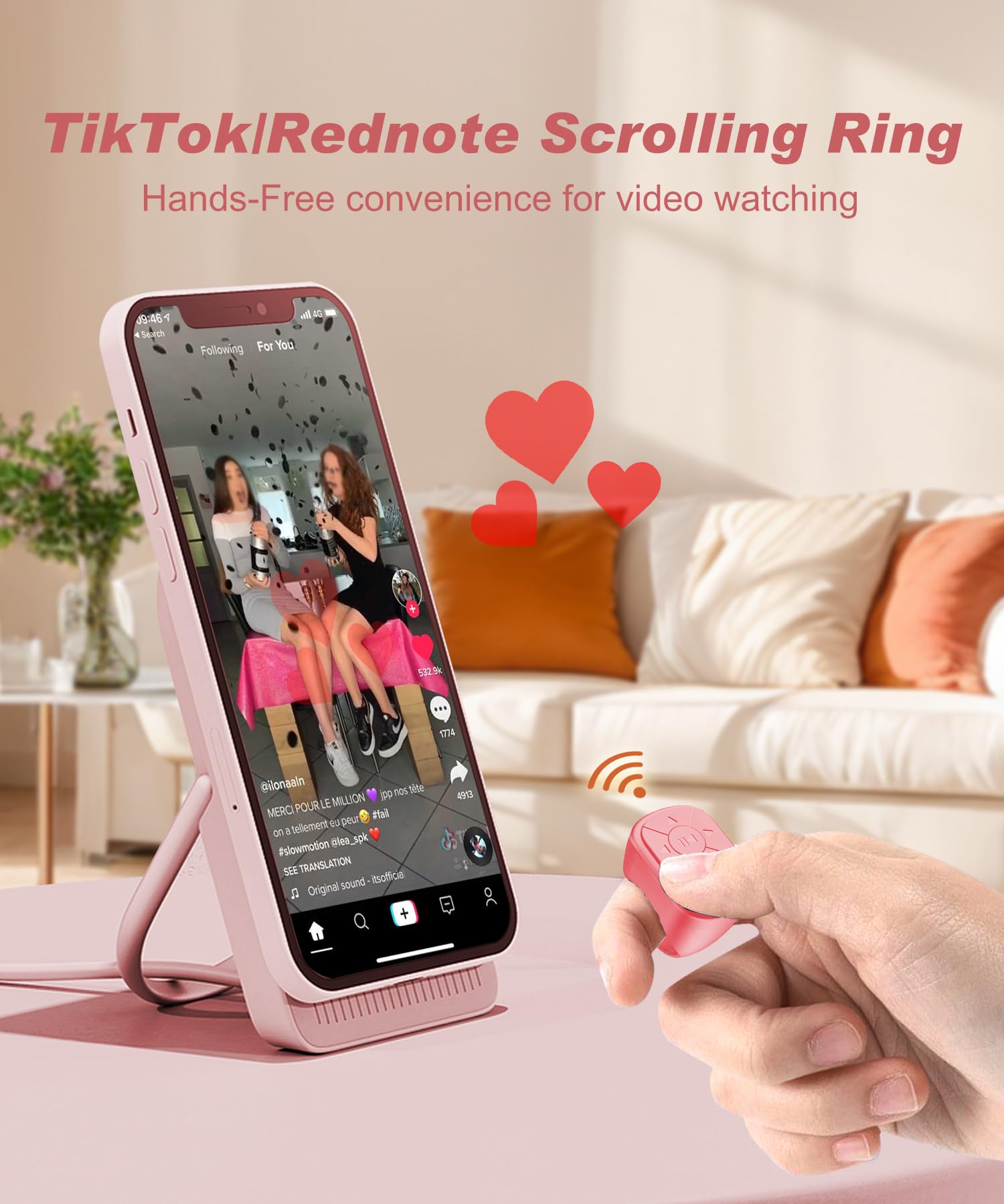 Wireless Bluetooth Scrolling Ring for iPhone, iPad, Kindle - TikTok & Rednote Page Turner, Camera Shutter Remote, Music Controller - Compatible with Android Devices (Pink) | Perfect for Social Media, E-Book Reading, Photography & Hands-Free Control