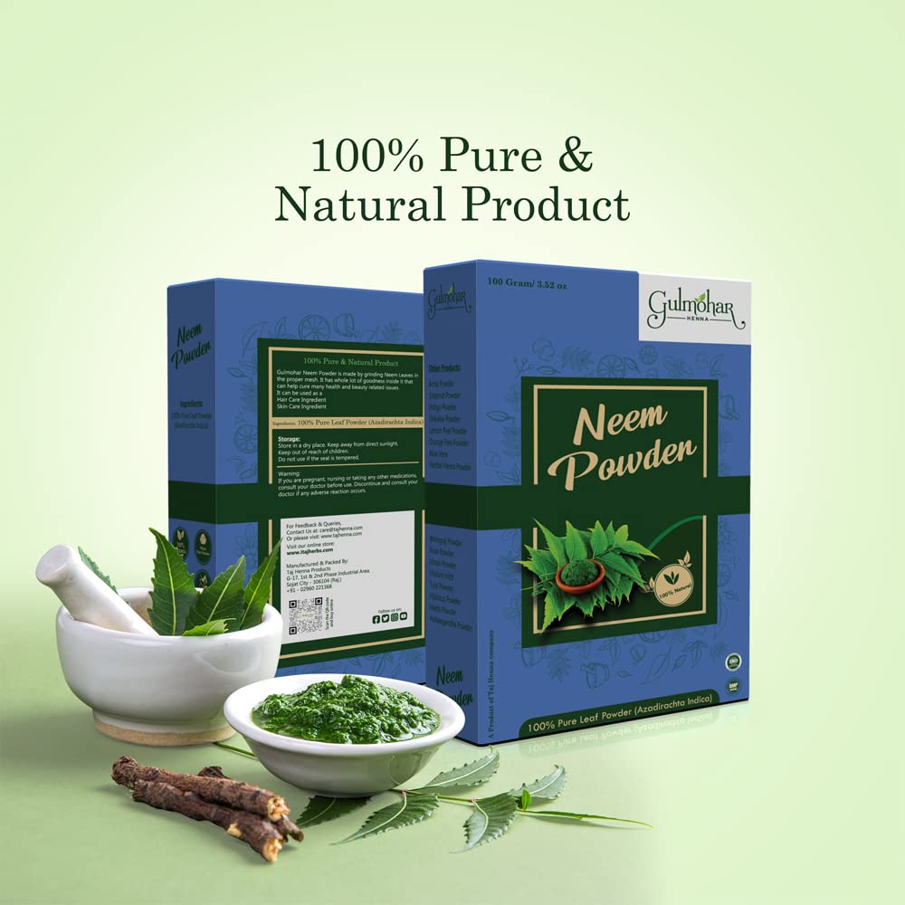 Gulmohar Natural Neem Powder for Hair Cleansing & Acne-Free Clear Skin - 100g | Organic Ayurvedic Treatment for Dandruff, Scalp Care & Face Mask