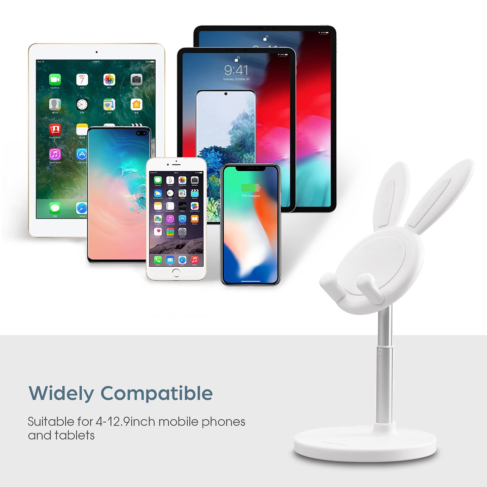 Adjustable Bunny Phone Stand for Desk - Cute Rabbit Phone Holder with Angle & Height Control - Compatible with All Smartphones & Tablets 4-10 inches (White) - Perfect for Home Office, Bedside, Kitchen & Video Watching