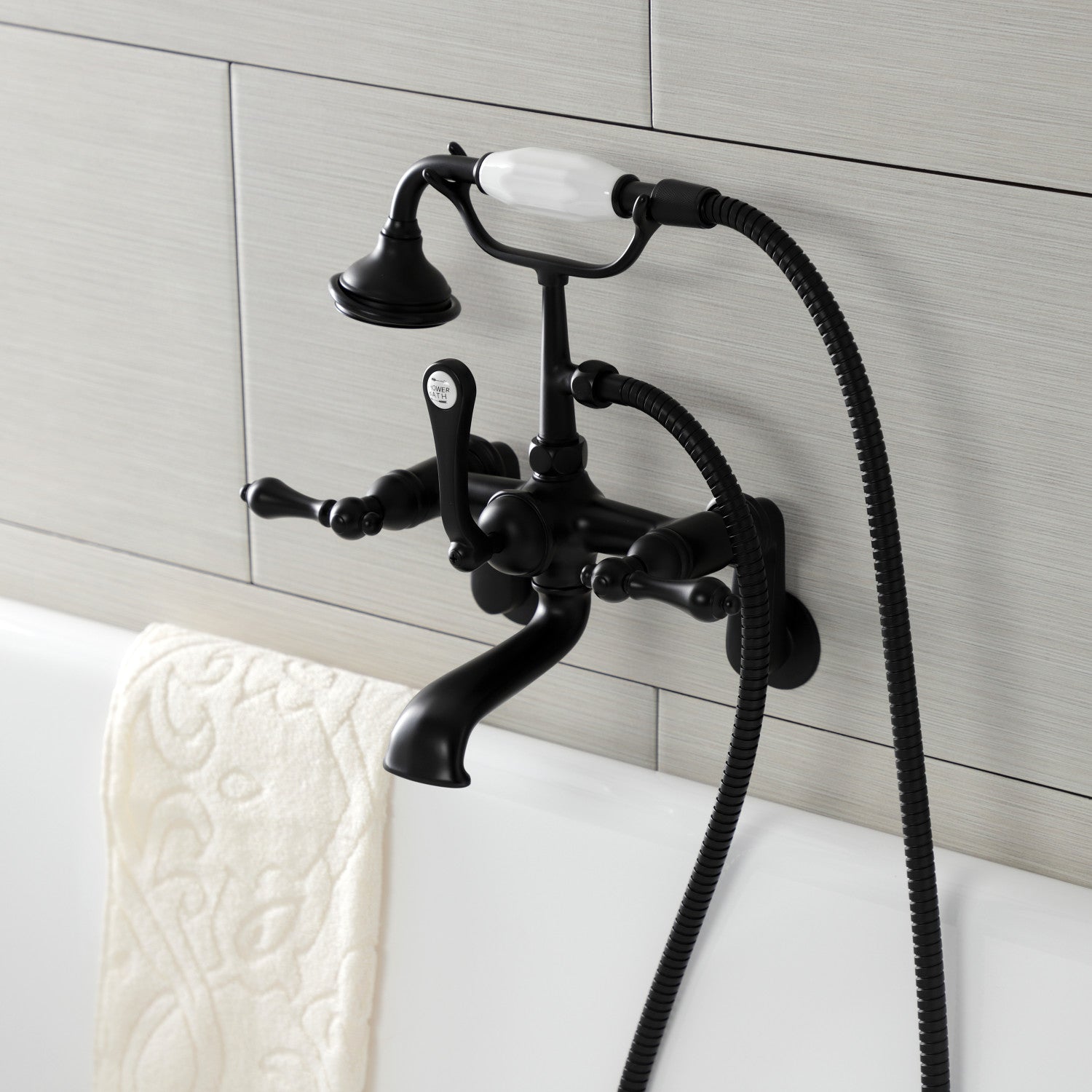 Vintage Matte Black 3-Handle Wall Mount Clawfoot Tub Faucet with Hand Shower - AE51T0 Antique Style Bathroom Fixture for Classic & Modern Bathrooms
