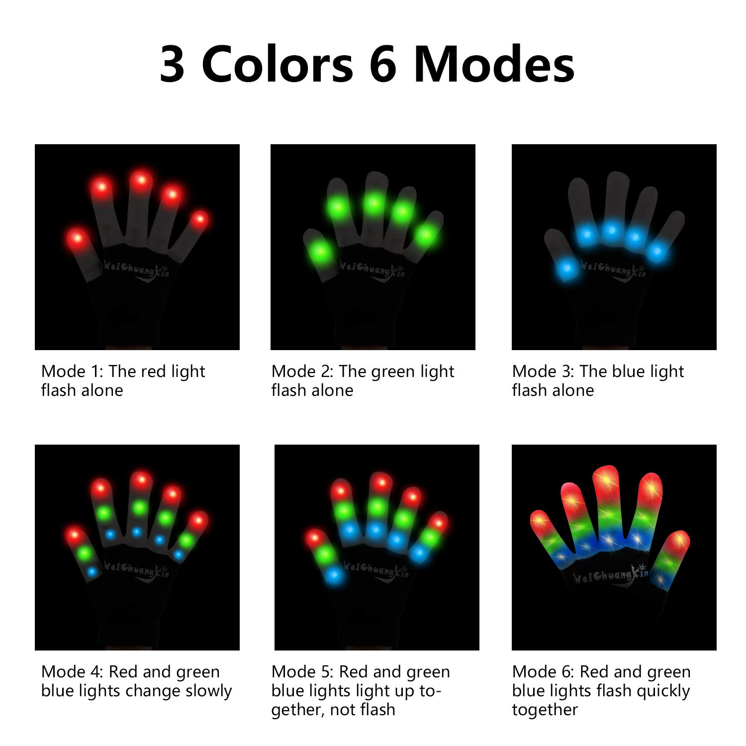 LED Gloves for Kids - 3 Color & 6 Mode Flashing Light Up Gloves - Christmas Halloween Party Toys - Perfect for Night Parties, Raves, Concerts and Festivals
