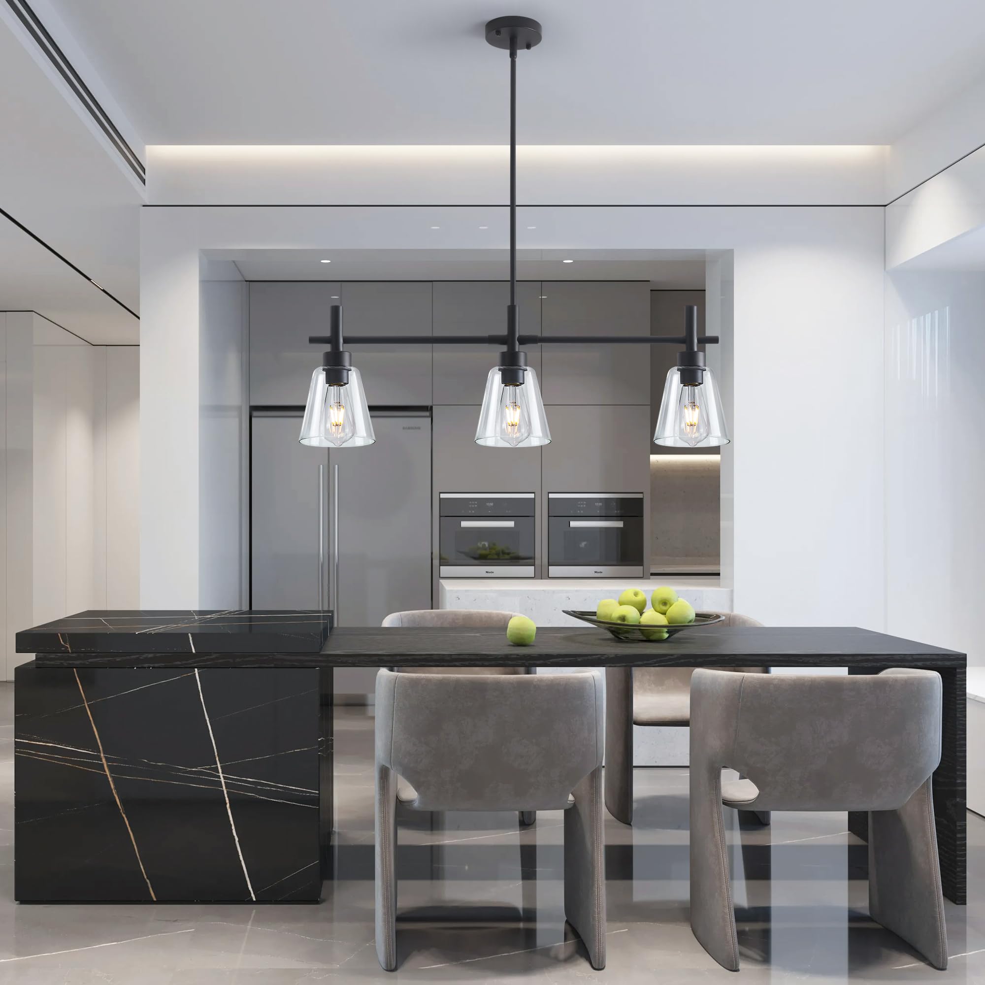 Modern Black Kitchen Island Lighting - 3-Light Adjustable Rectangle Linear Chandelier with Glass Shades, Farmhouse Pendant Light Fixture for Dining Room & Living Room - Perfect for Kitchen Counter, Breakfast Bar and Open Concept Spaces