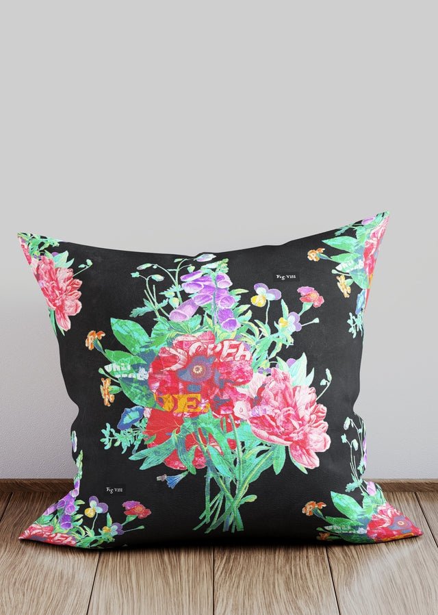 Black Botanical Bunch Flowers Cushion - Decorative Throw Pillow Cover for Sofa, Bed, Chair - Perfect for Living Room, Bedroom & Home Decor