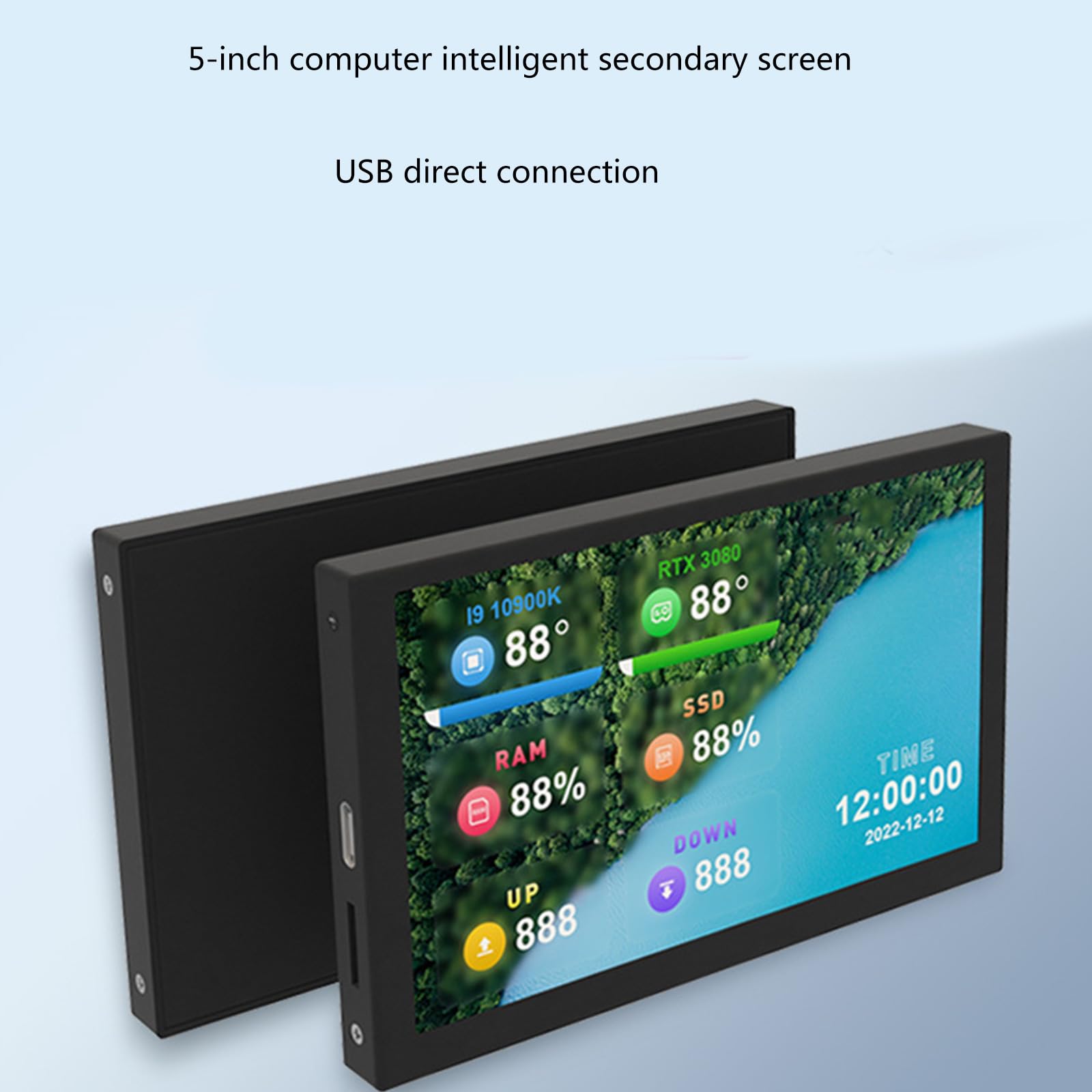 5inch IPS USB C Secondary Monitor for Desktop Computer - Temperature Display, Custom Background & Themes | Perfect for PC Case Mods, Gaming Setups & Workstations